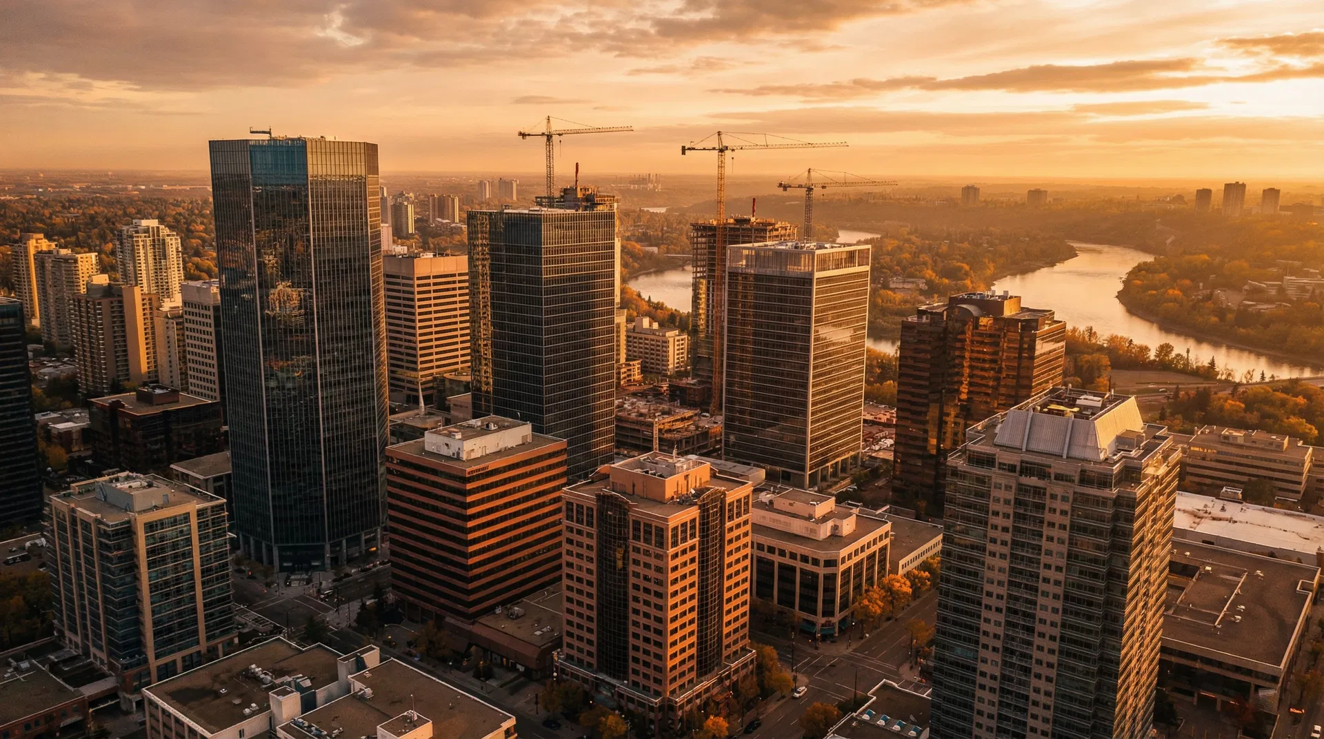 Edmonton commercial construction aerial view at golden hour