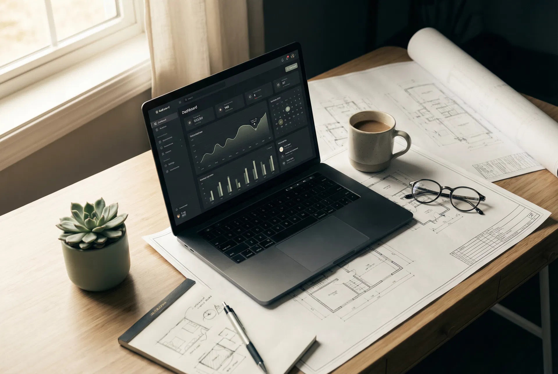 Professional workspace with architectural plans and dashboard