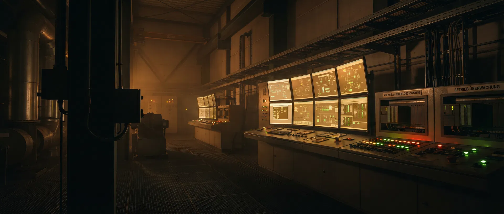 Siemens S7 PLC industrial control room with automation panels and SCADA displays