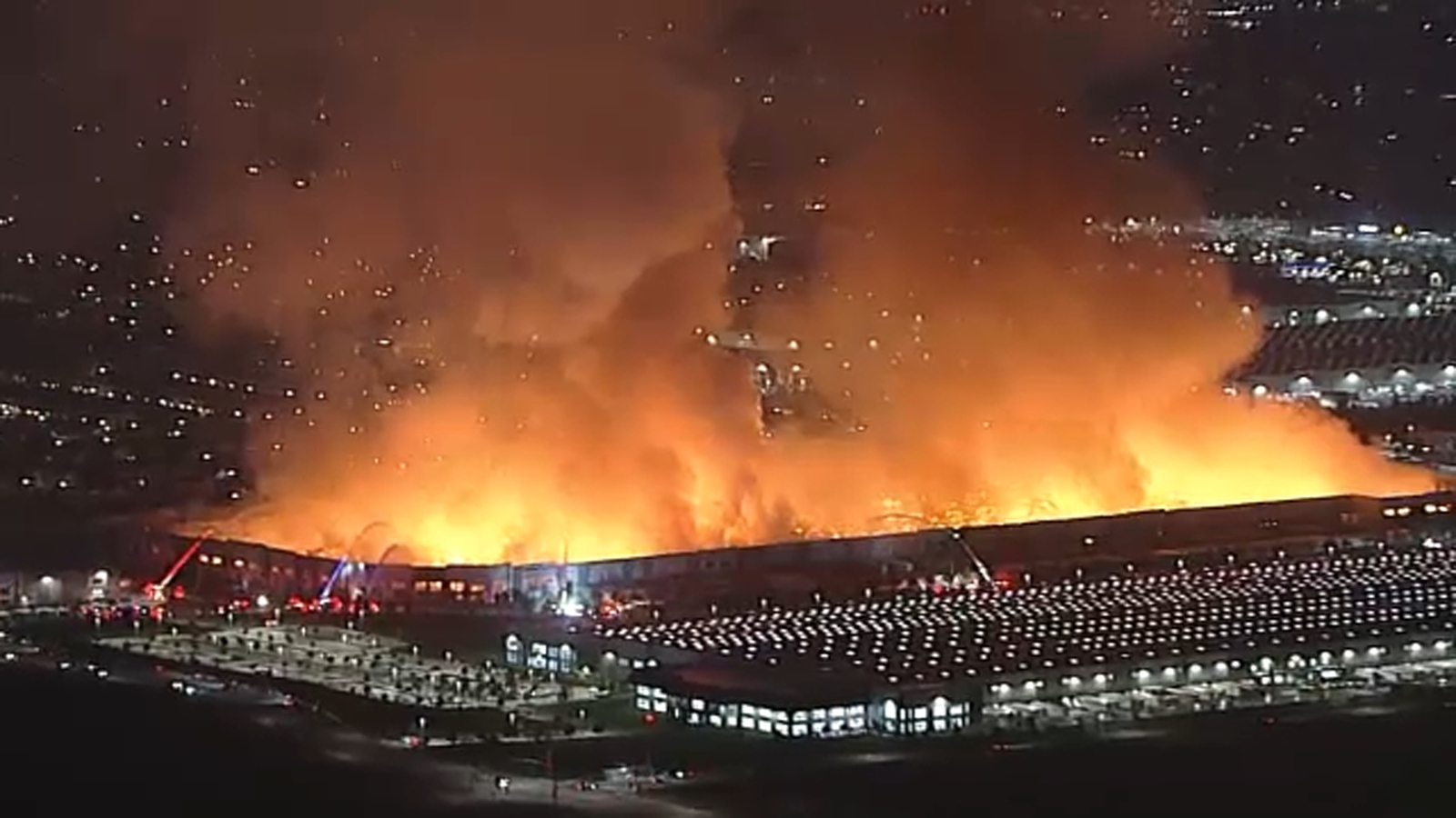 Arson suspect detained after massive fire tears through warehouse in Ontario - ABC7 Los Angeles