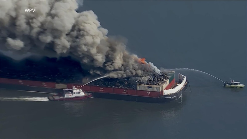 WATCH: Crews battle intense barge fire in Delaware