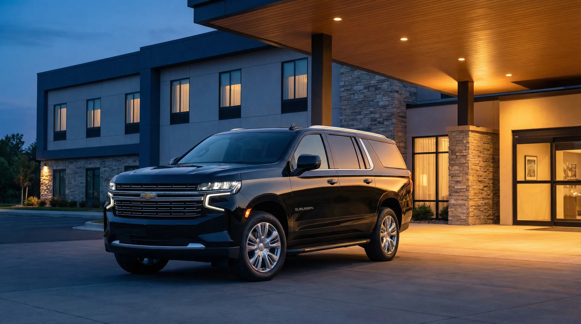 2025 Chevrolet Suburban at luxury hotel entrance