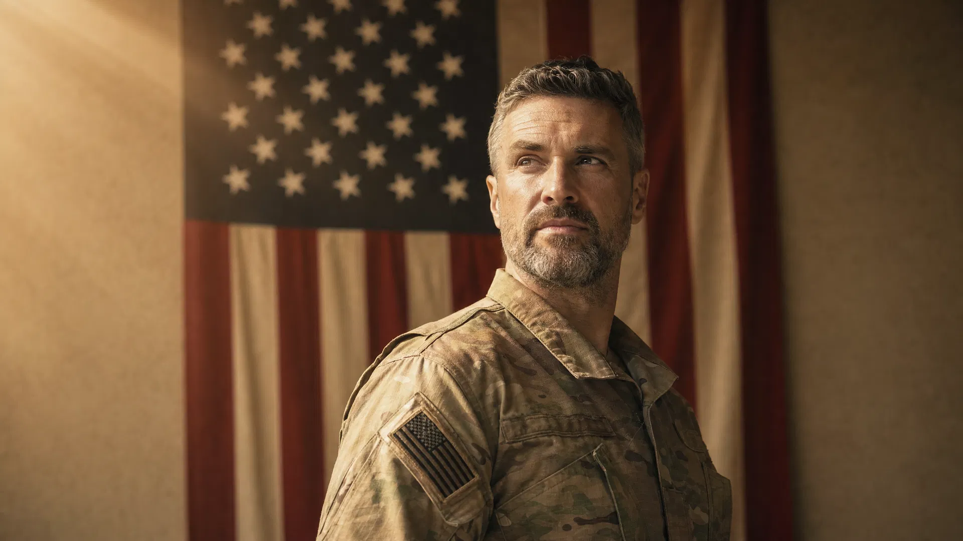 An American military veteran in OCP uniform with U.S. flag patch, standing in front of a hanging American flag, looking thoughtfully off-camera in golden afternoon light