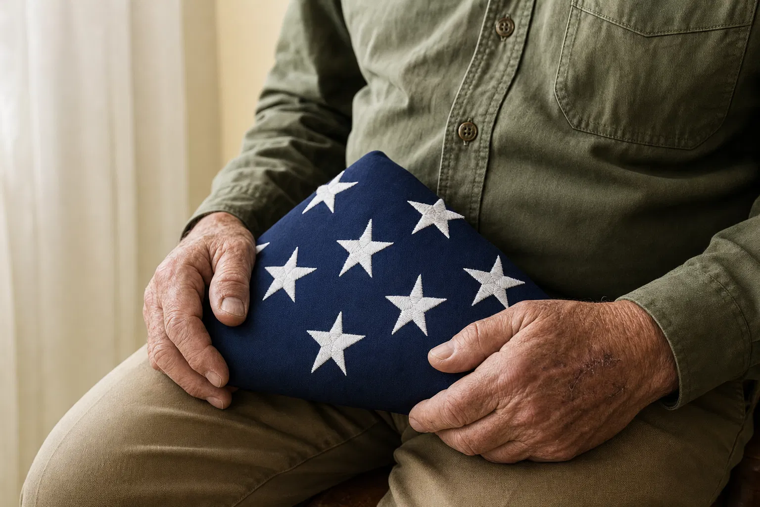 Weathered hands of an American veteran cradling a folded ceremonial U.S. flag