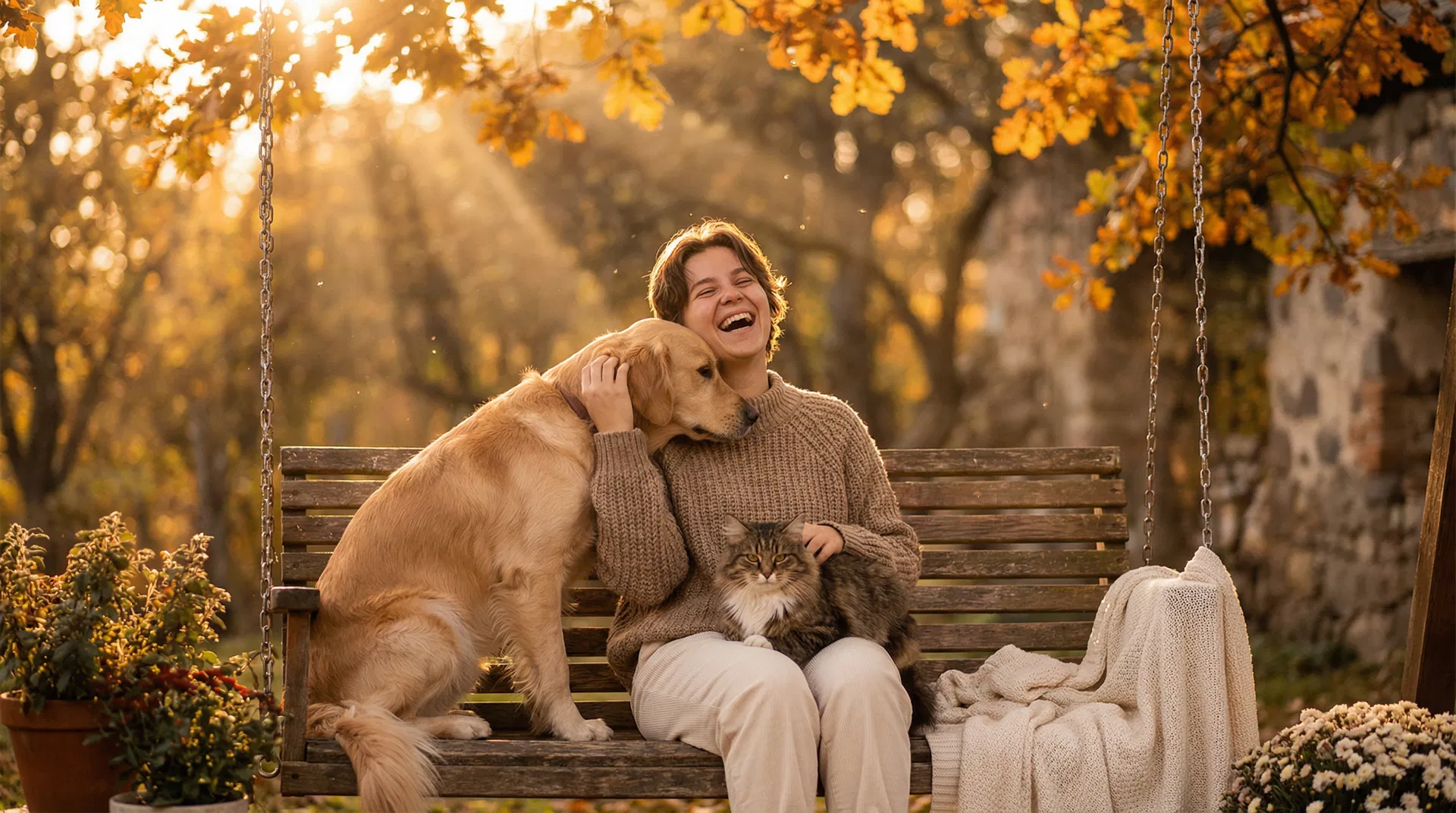 Happy person with a golden retriever and cat