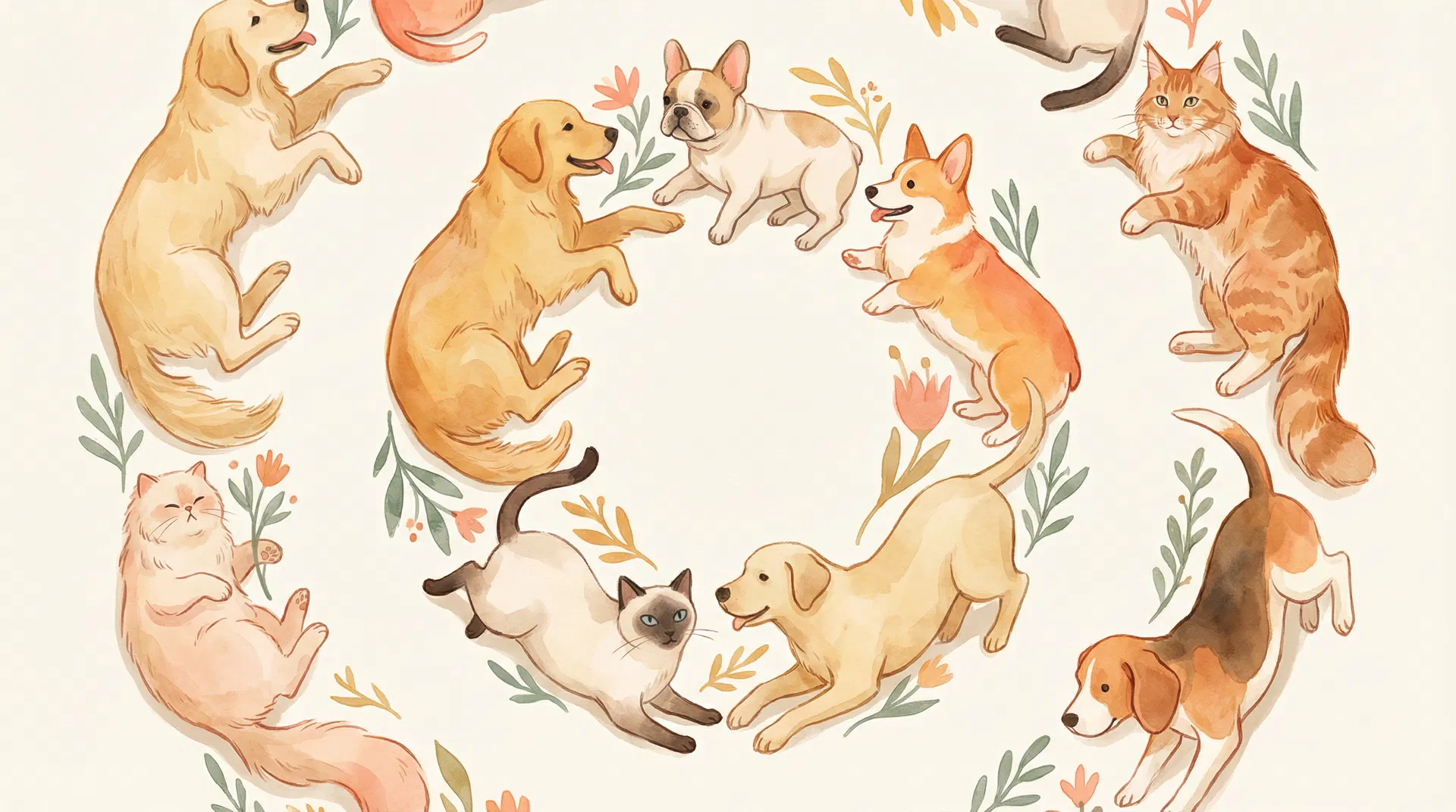 Various dog and cat breeds illustrated in watercolor style