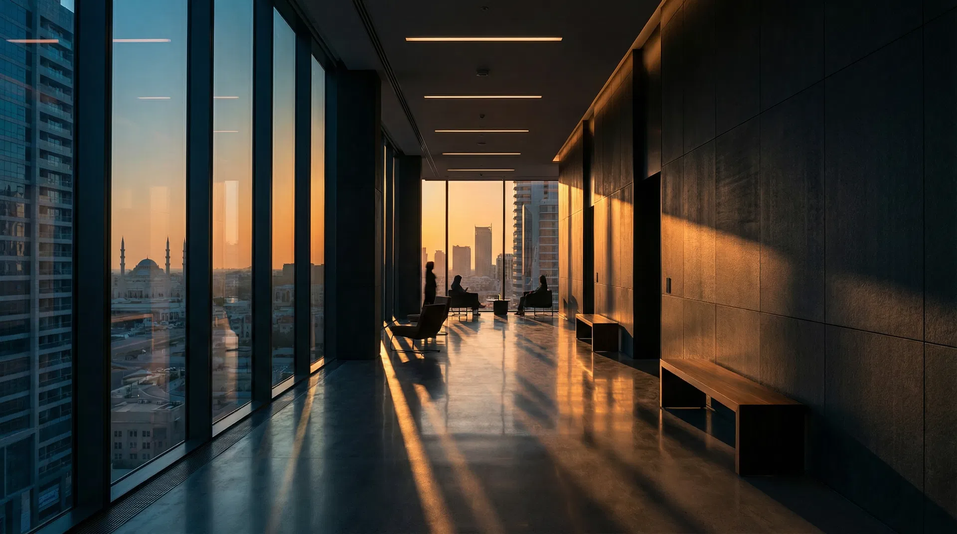 Modern office overlooking Middle Eastern cityscape