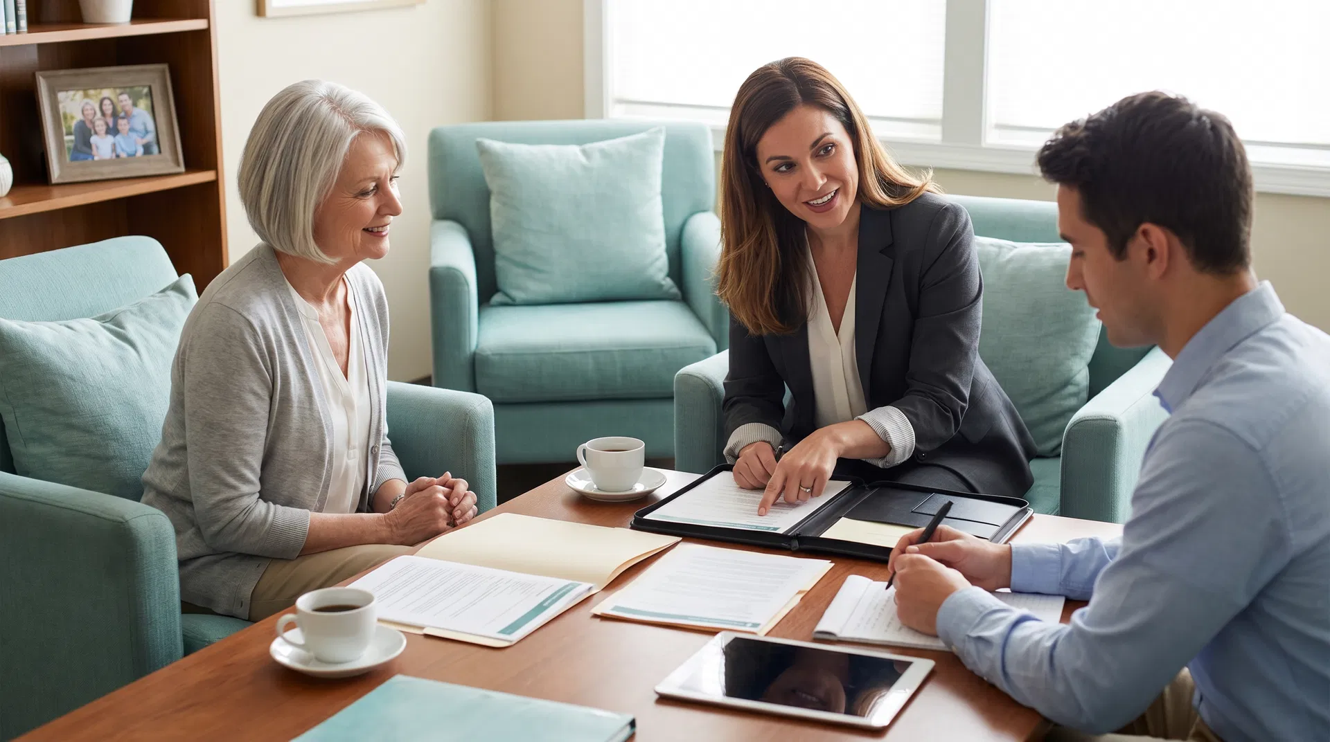 Professional team meeting with clients to discuss insurance benefits