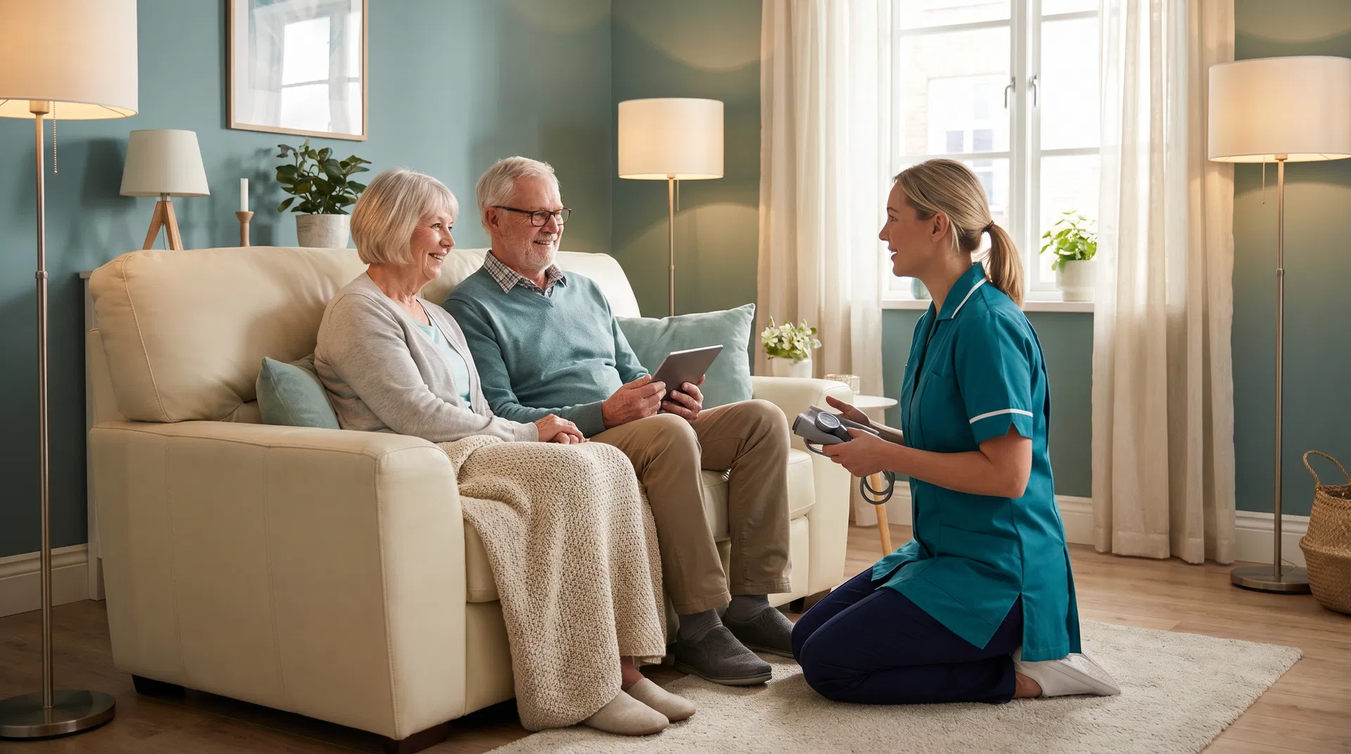 Senior couple with caregiver discussing insurance