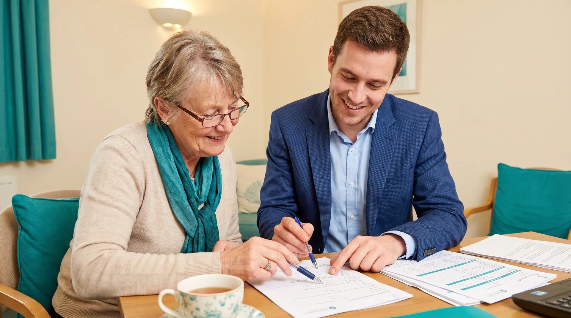 Professional advisor helping senior with insurance documents