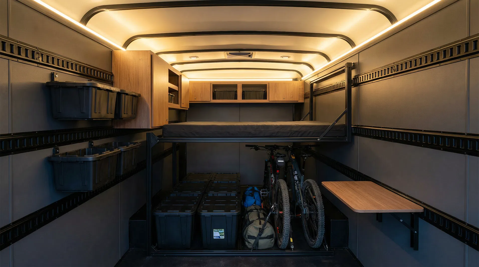 L-Track modular interior system with convertible bed and cargo space
