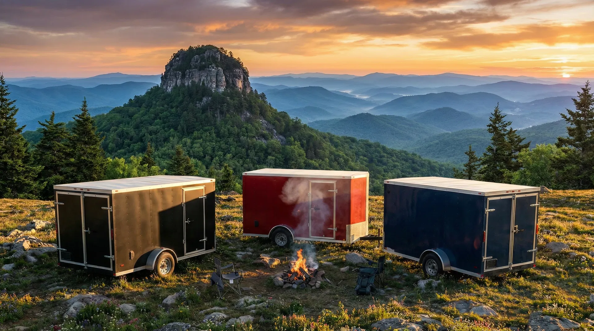 EOS stealth camper trailers at Pilot Mountain with Blue Ridge Mountains, North Carolina