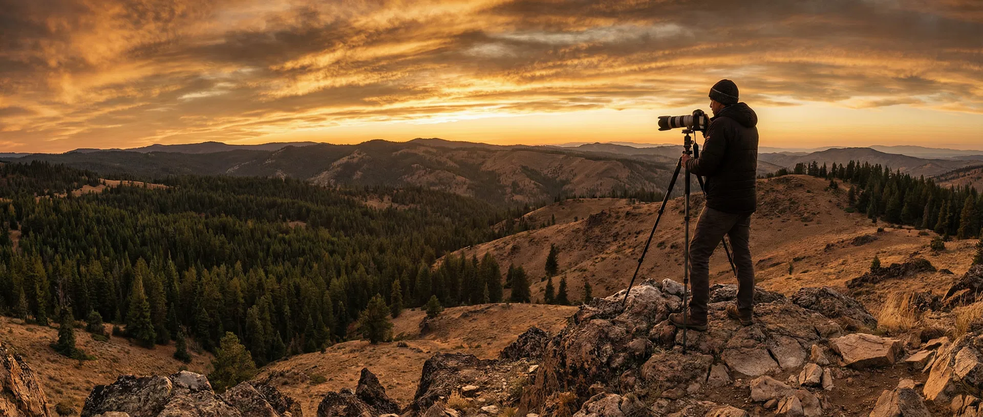 Photographer on mountain overlook at golden hour