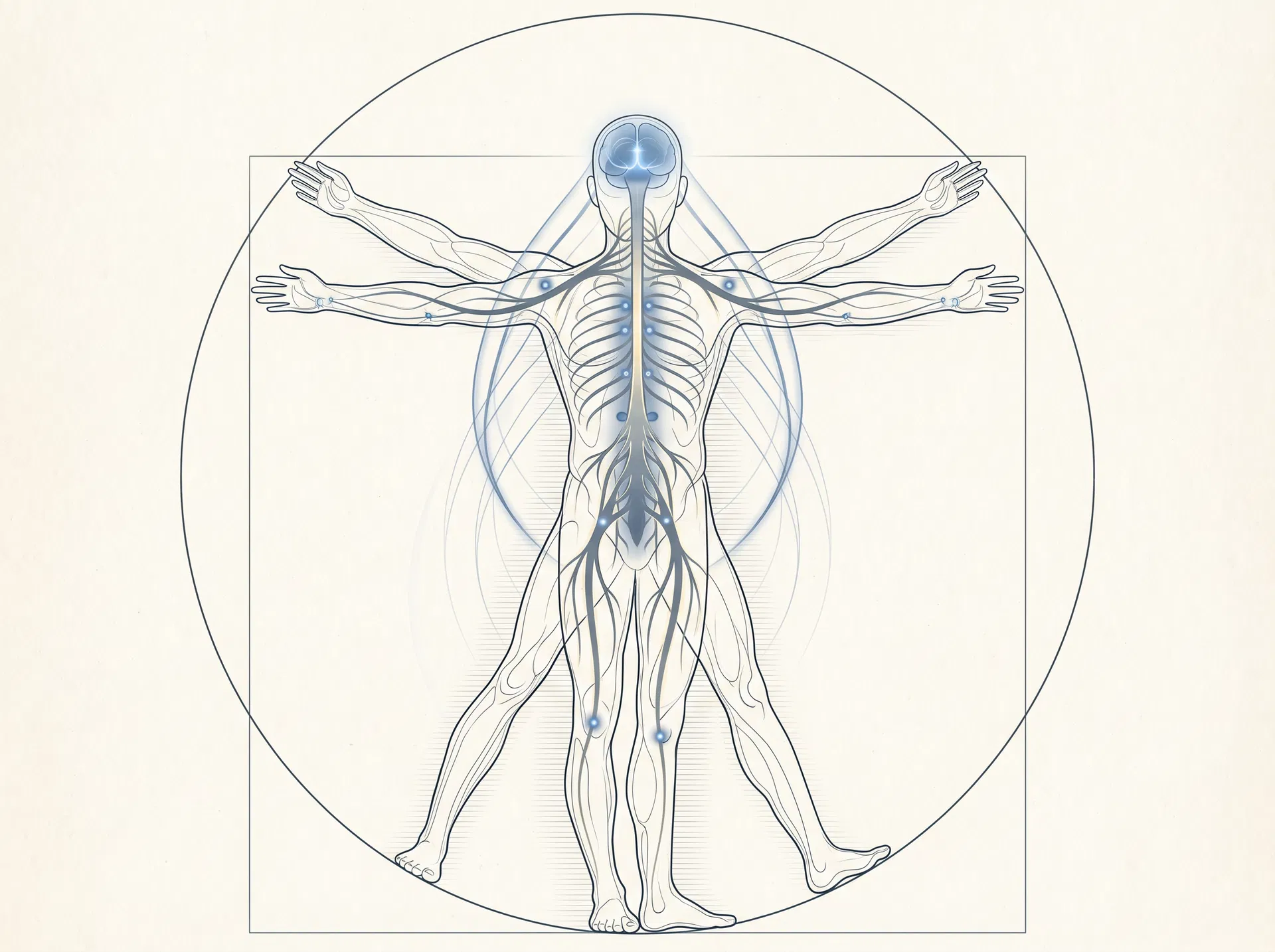Abstract Vitruvian figure with central nervous system