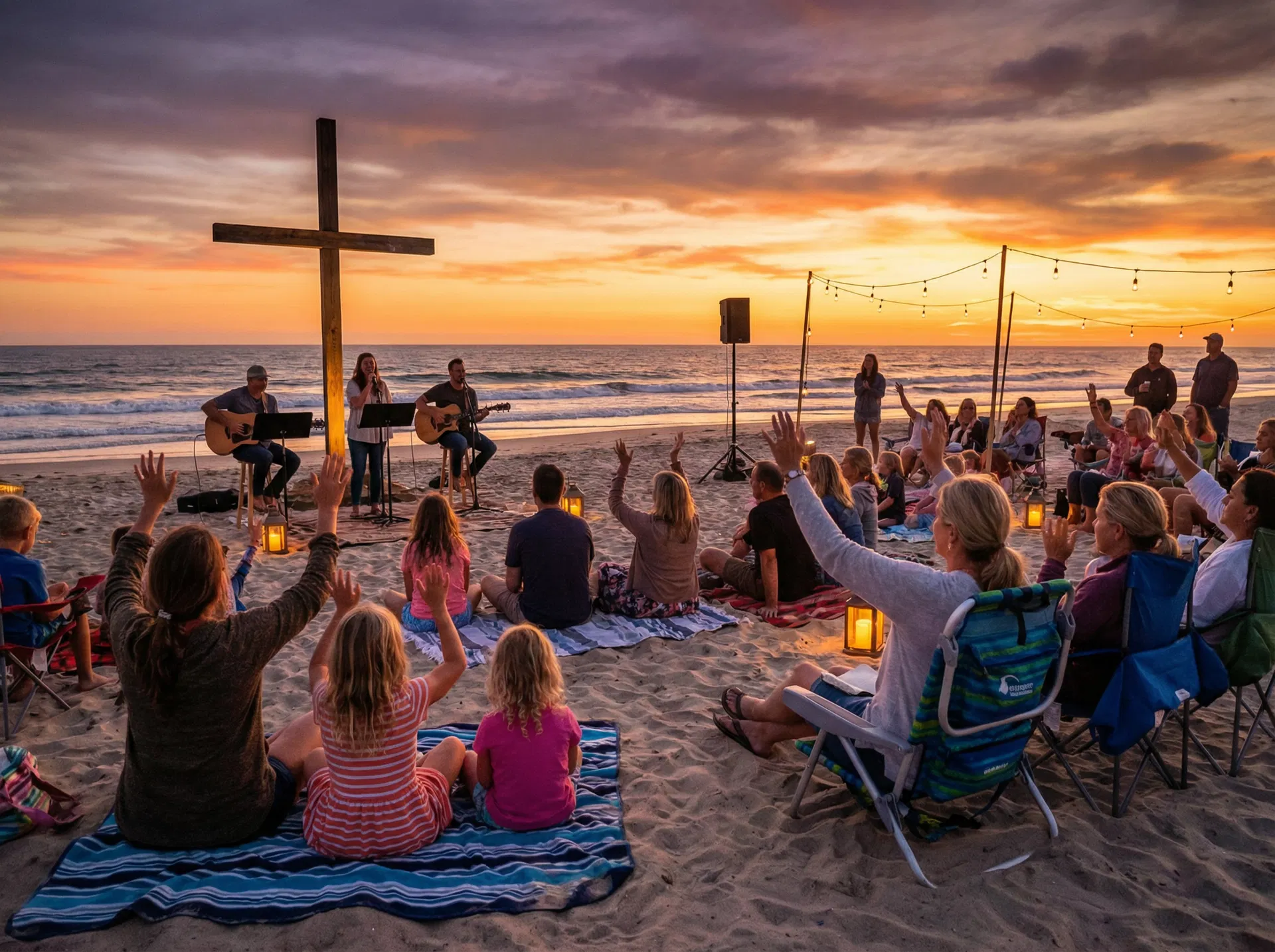 Worship gathering on the beach at sunset