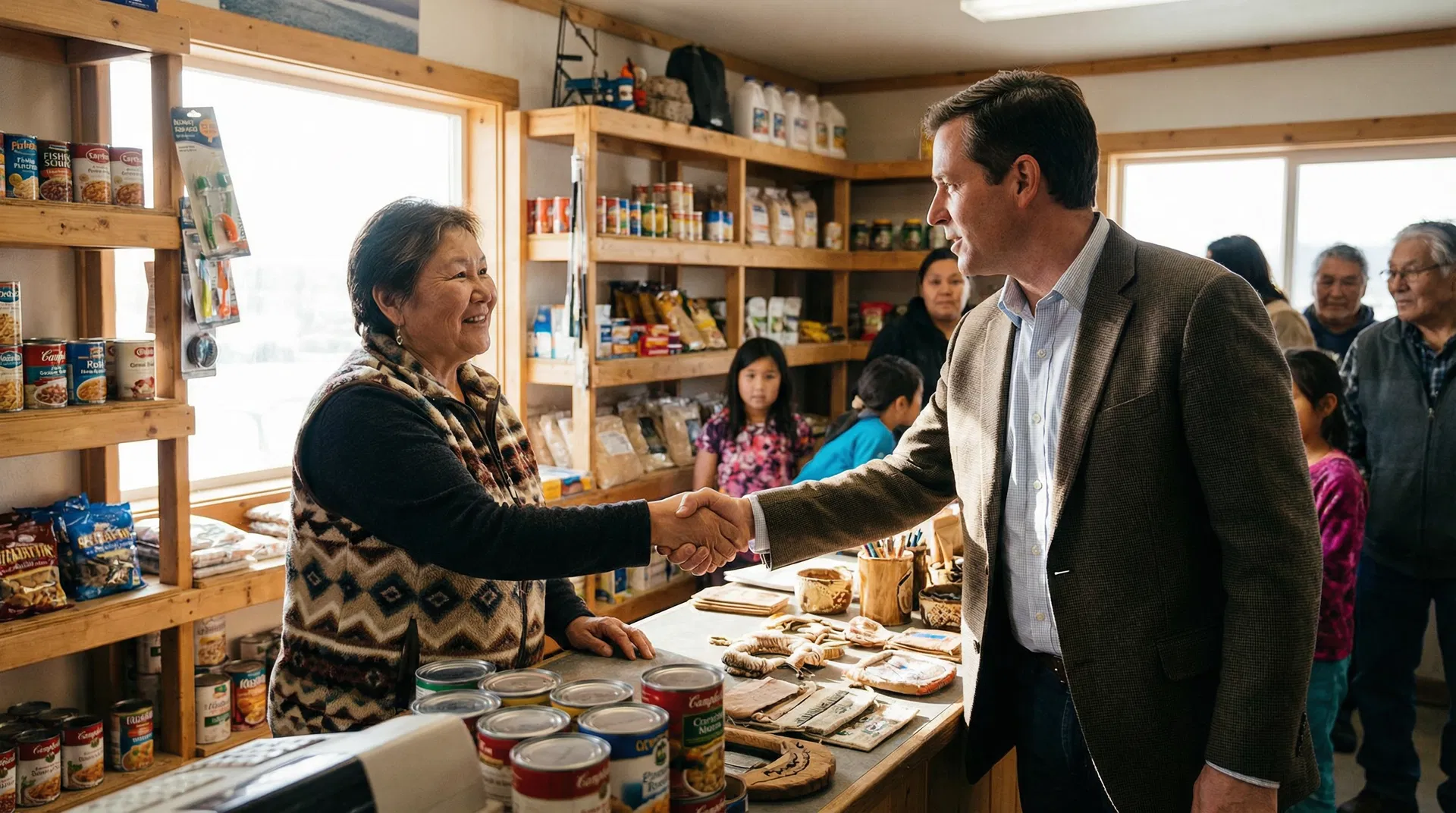 Store owner and Alyeska Financial Services representative shaking hands