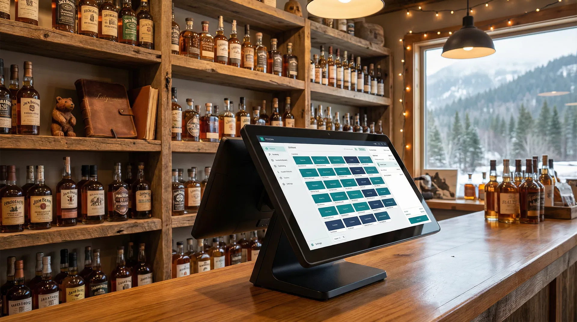 Exatouch Retail POS system on a liquor store counter with spirits on shelves and Alaska mountains in the window