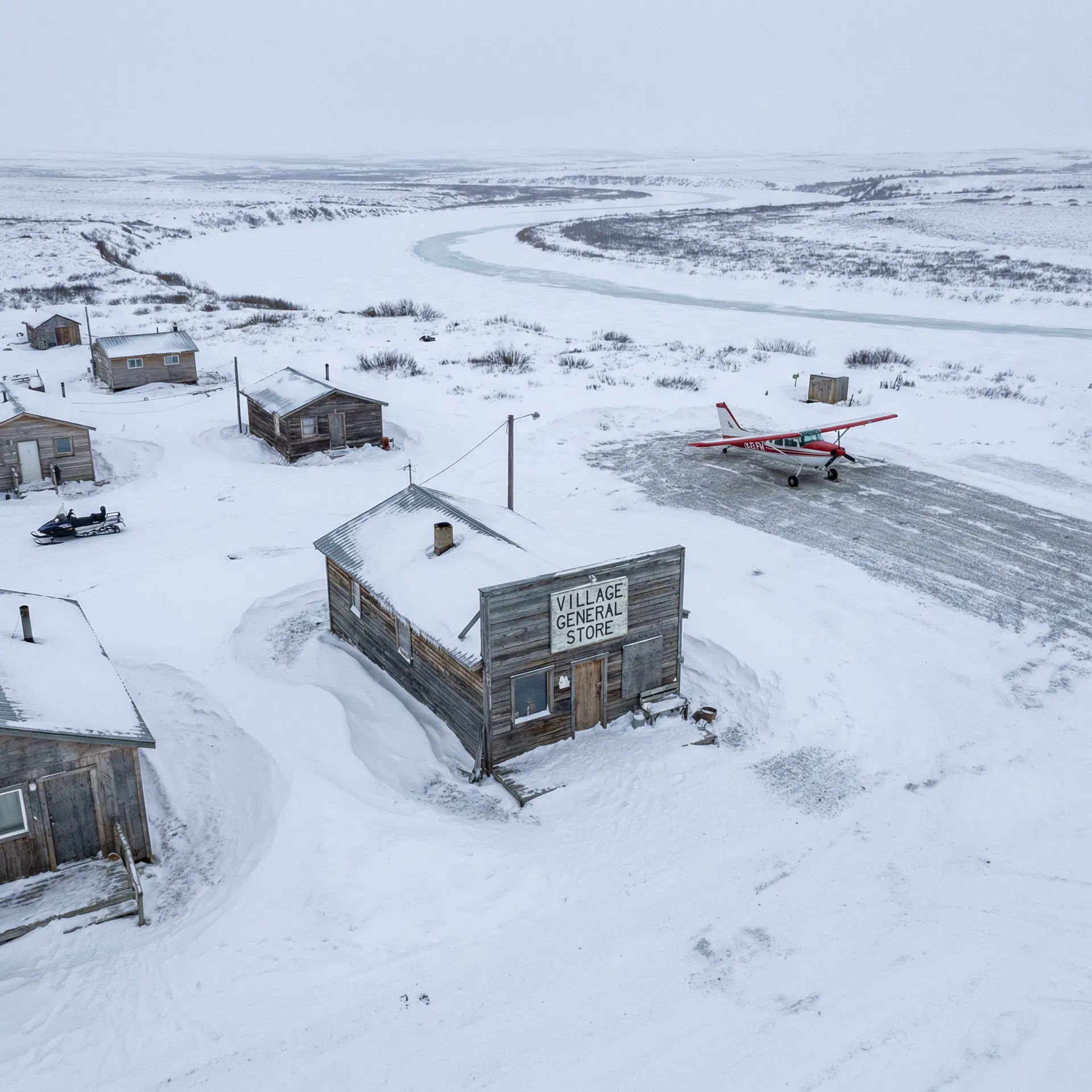 Remote Alaska village general store in winter
