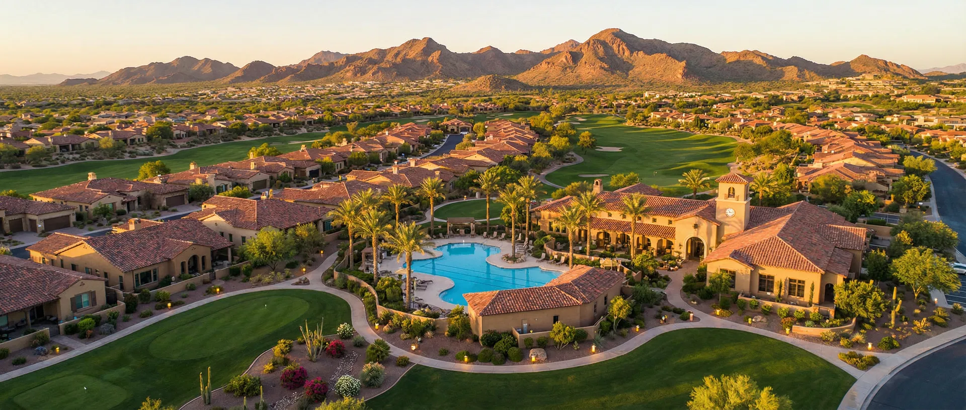 Luxury 55+ community in Arizona at golden hour