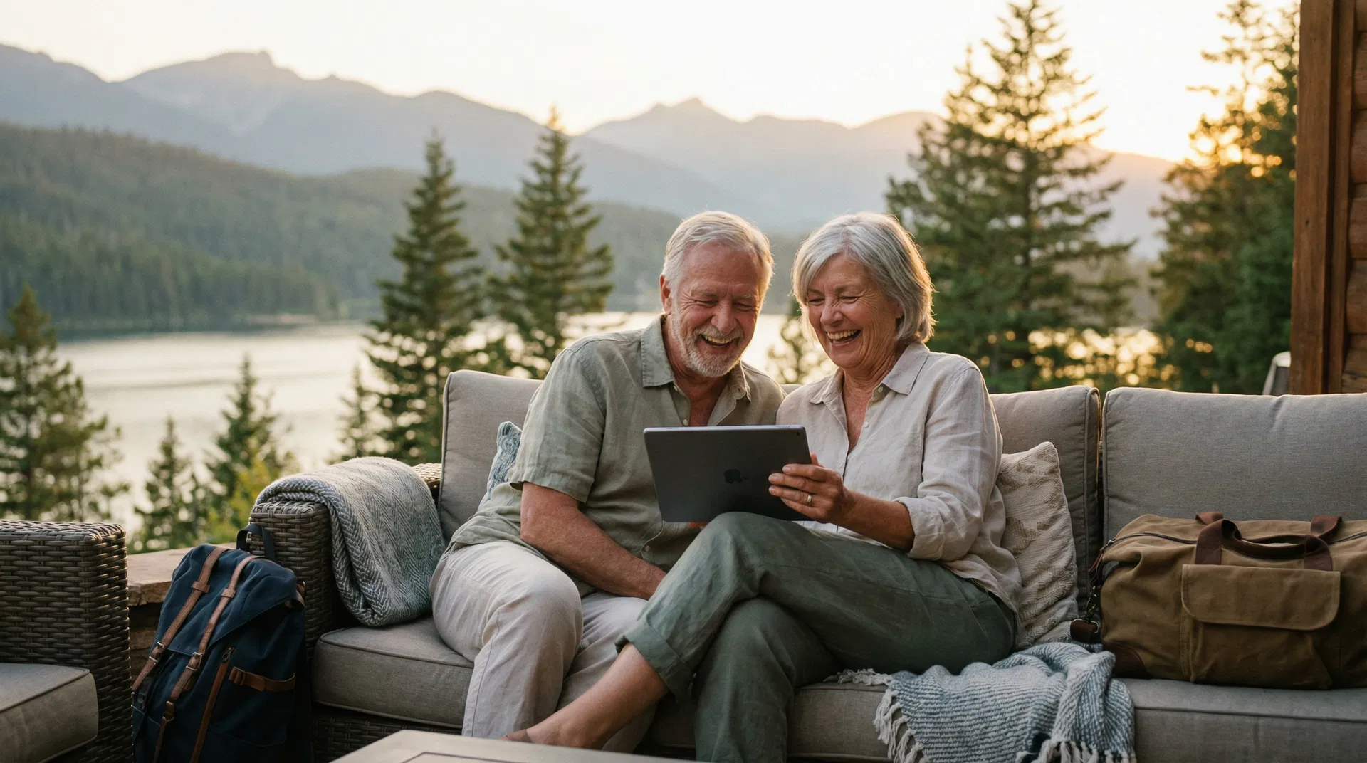 Retired couple streaming TV on a tablet while traveling