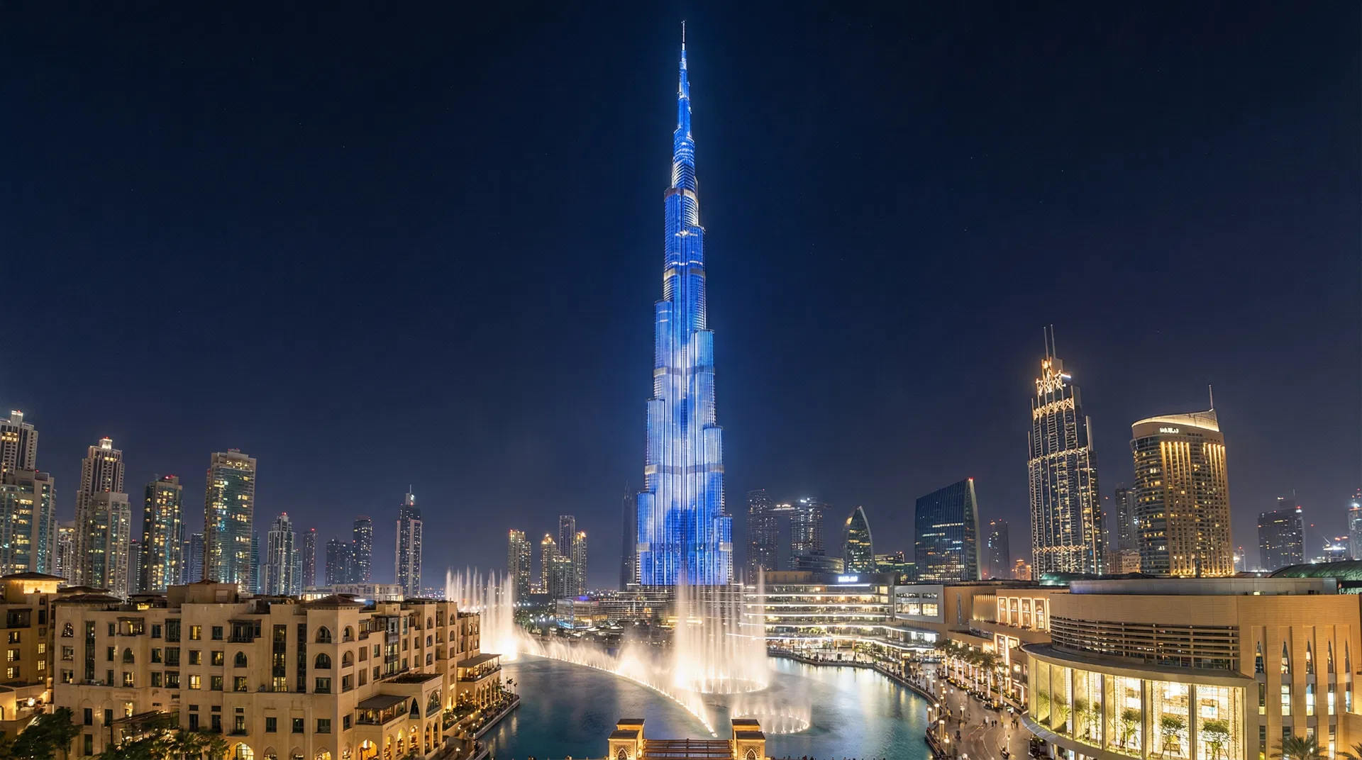 Downtown Dubai at Night featuring Burj Khalifa