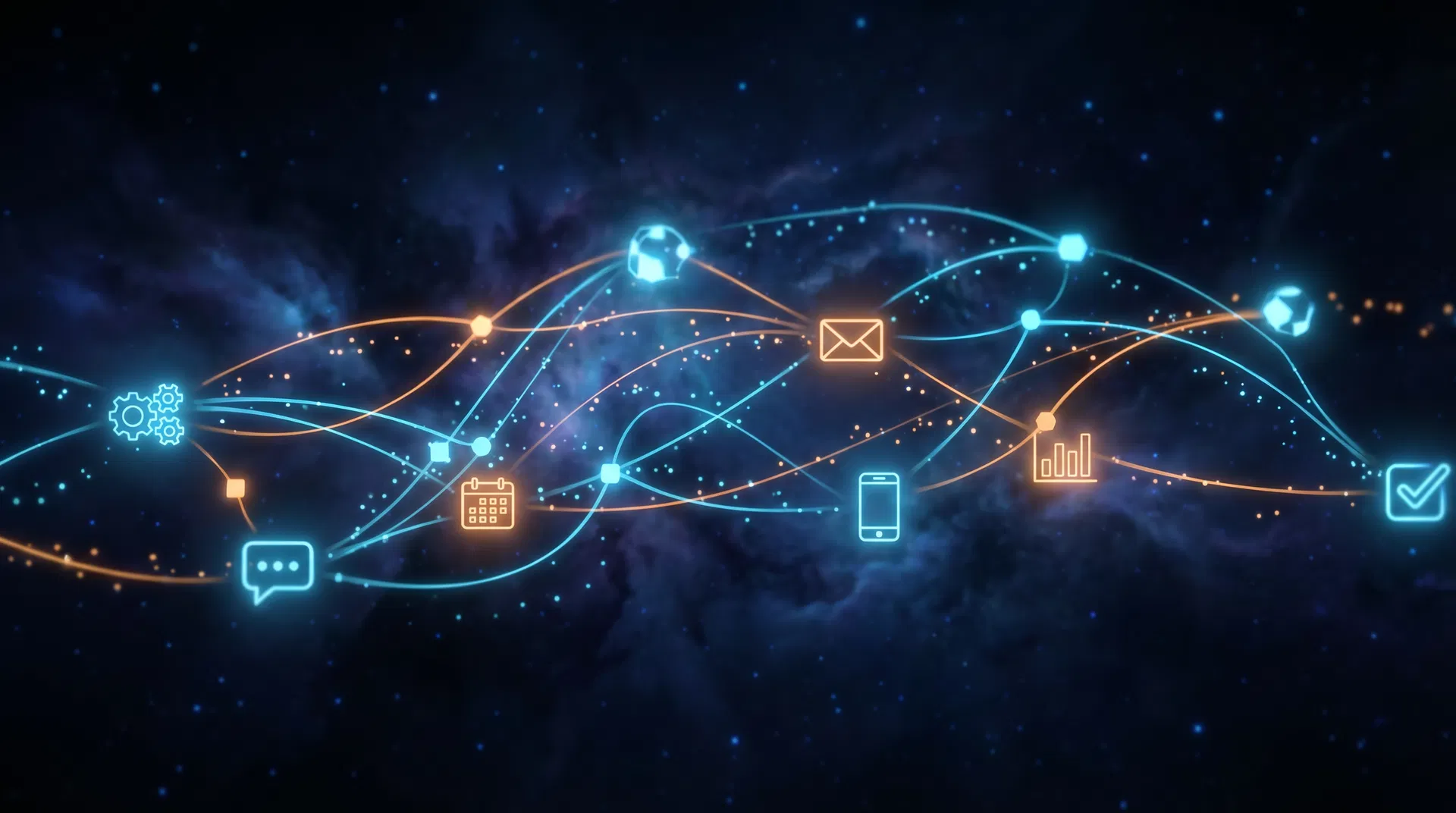 AI-powered automation flow connecting CRM, AI employees, calendars, and reviews