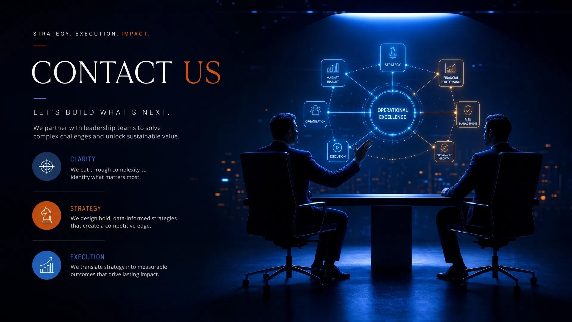 Two executives in a cinematic strategy conversation with an operational clarity diagram