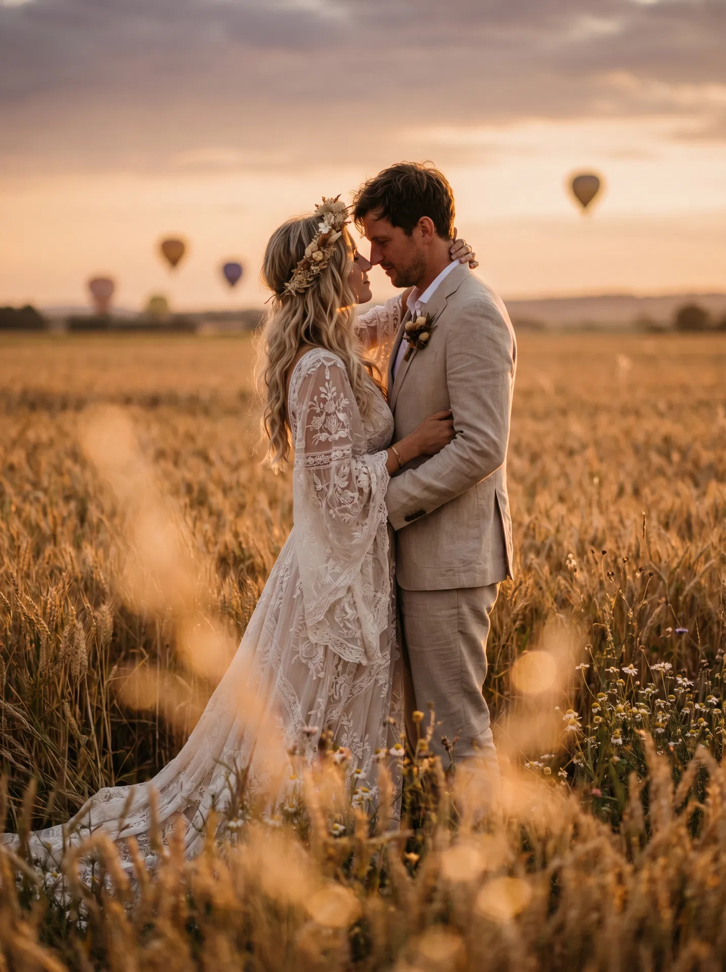 AI couple wedding photo bohemian style - romantic couple portrait in wheat fields created with AI photo generator