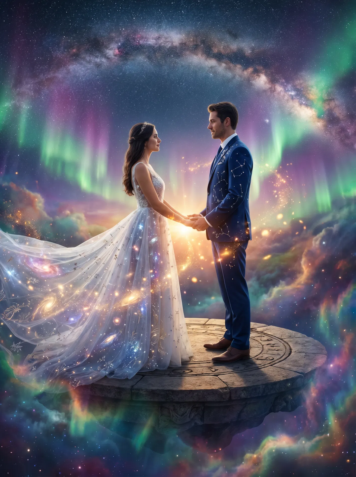 AI wedding photo celestial dreams style - couple portrait with galaxy nebula background generated by AI