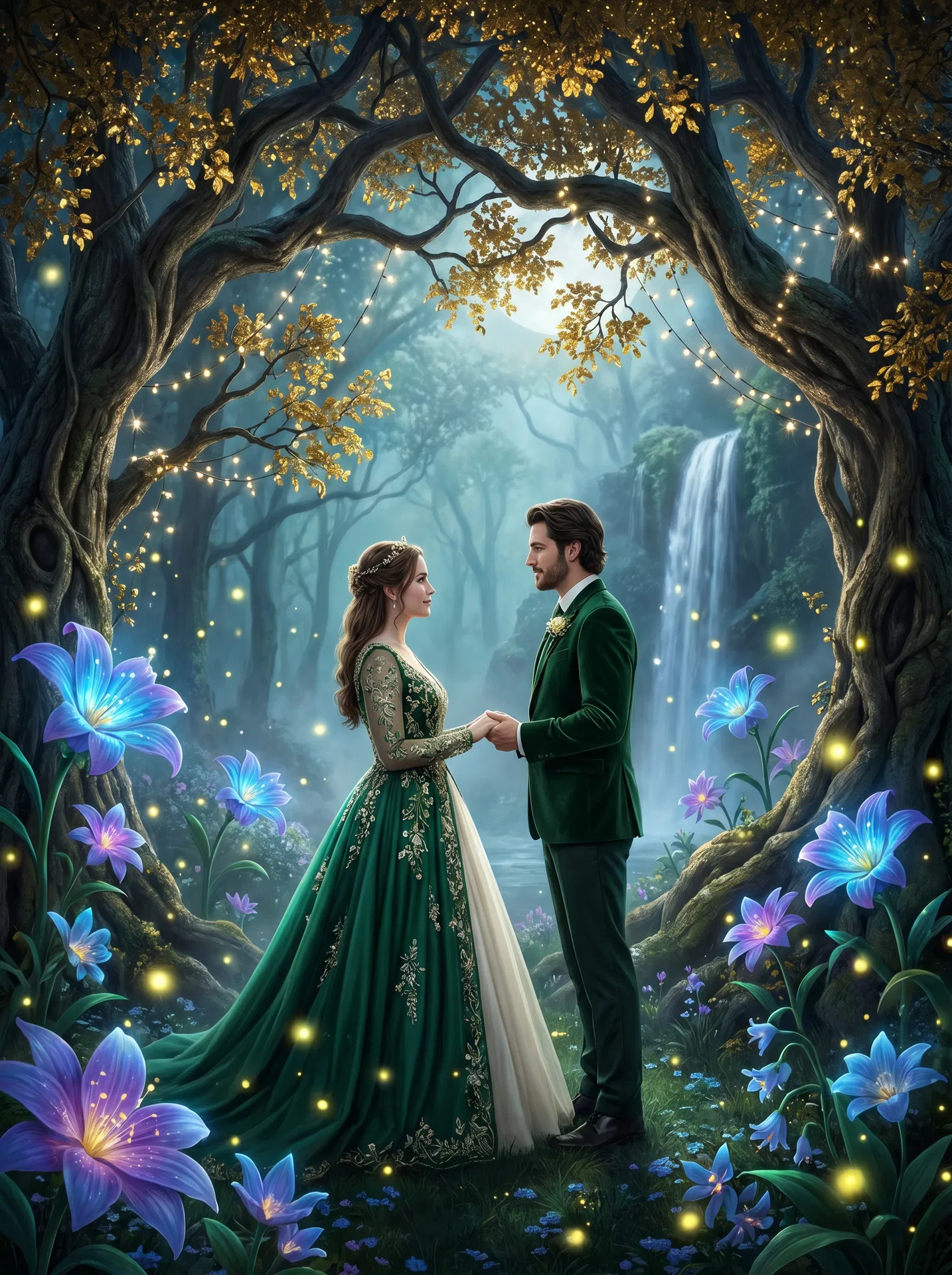 AI wedding portrait enchanted garden style - couple in magical garden setting created with AI wedding photo generator