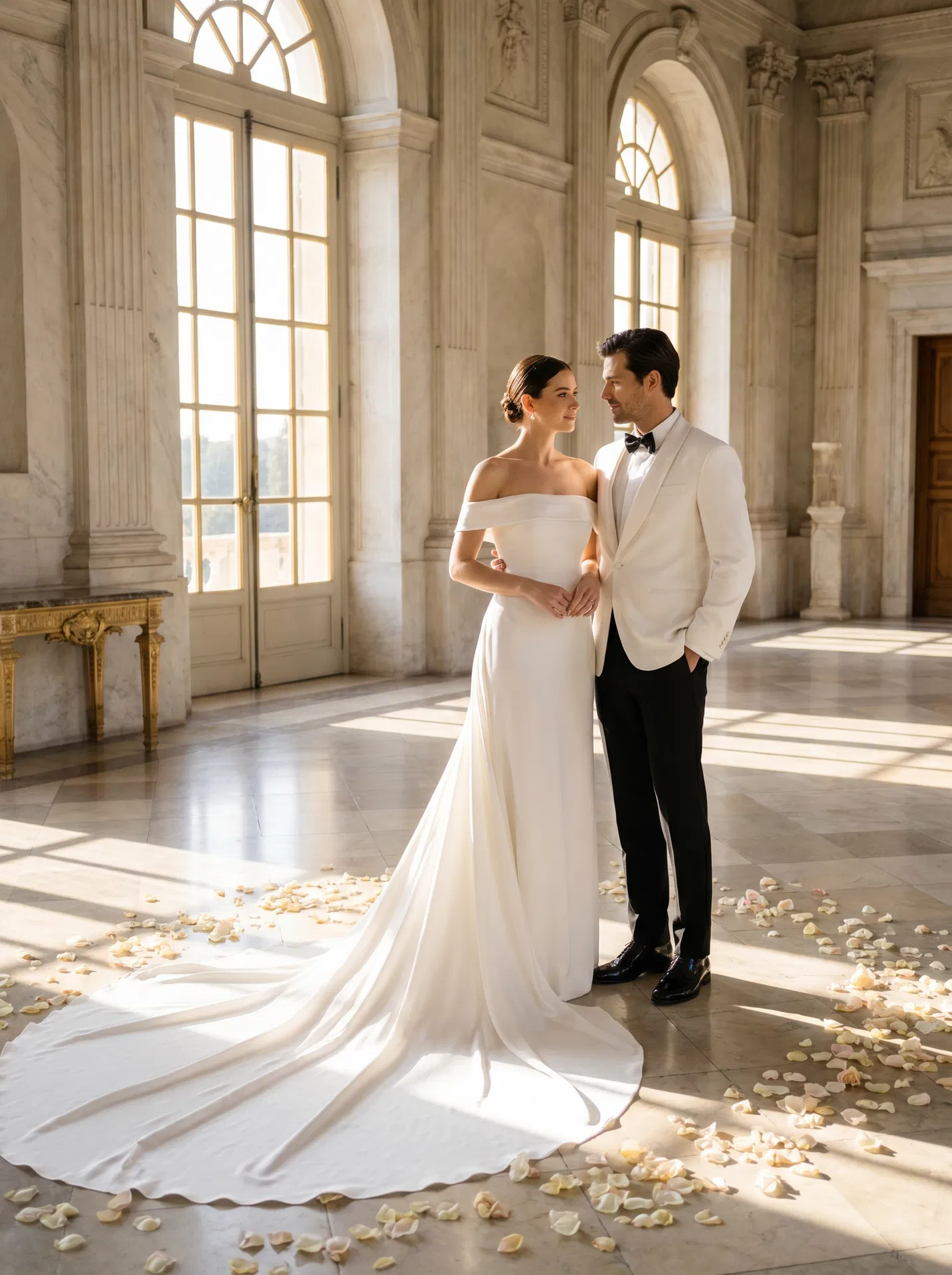 Luxury AI wedding photo minimalist style - bride and groom in marble palace setting generated by AI