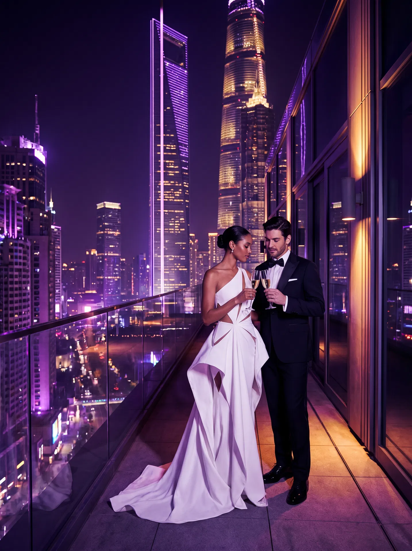 Modern AI wedding portrait elegant style - couple on rooftop with city skyline generated by AI wedding photo maker
