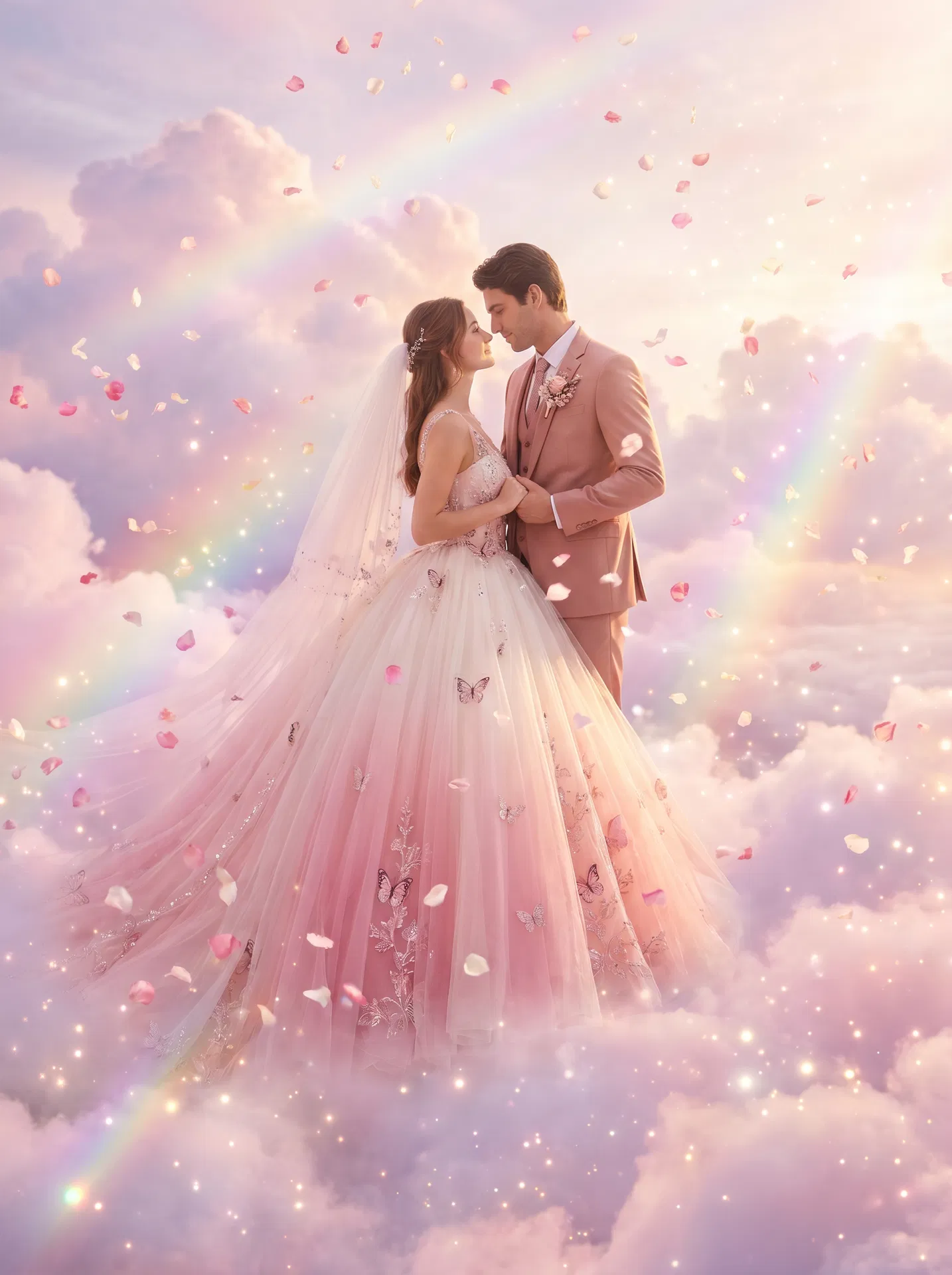 AI romantic wedding photo fantasy style - bride and groom portrait with rose petals generated by AI wedding photo generator