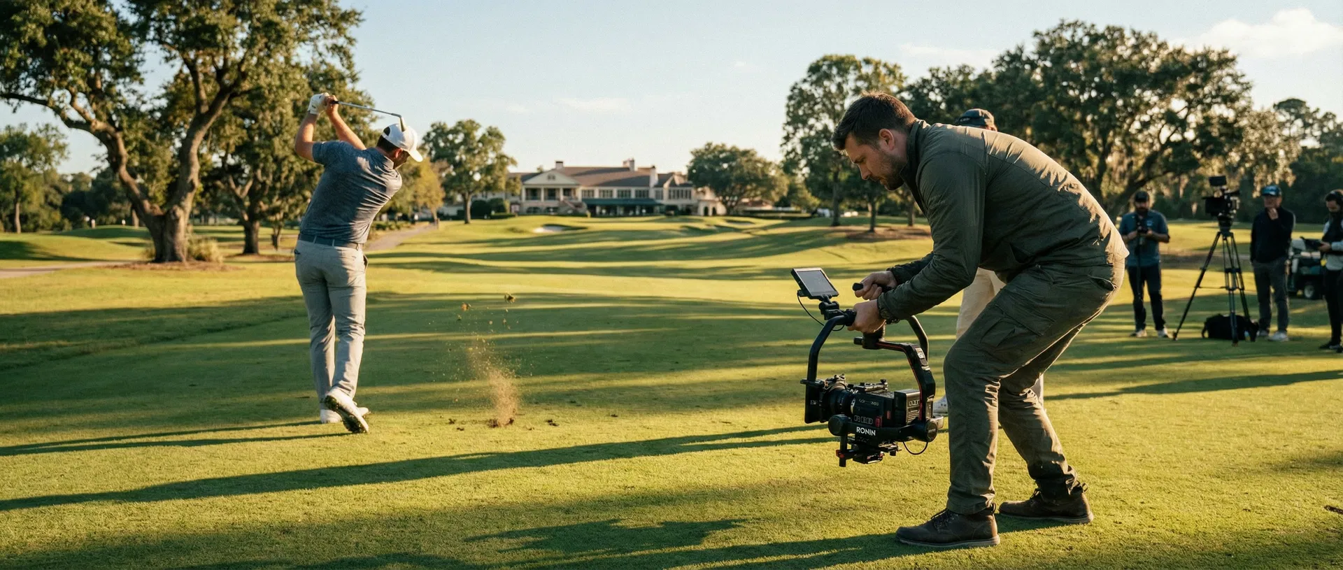 Videographer filming a golfer on a beautiful course