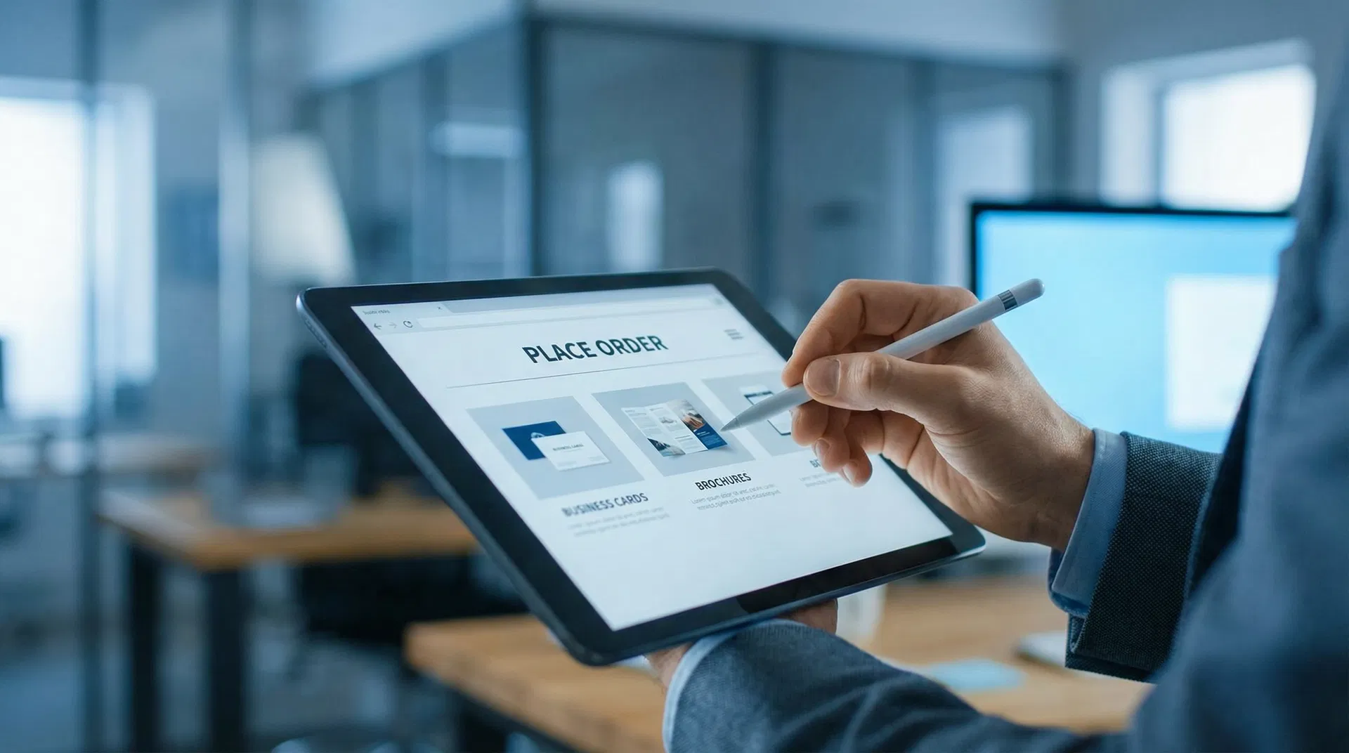 KM PrintShop digital ordering system on tablet - 24/7 online print ordering for customers