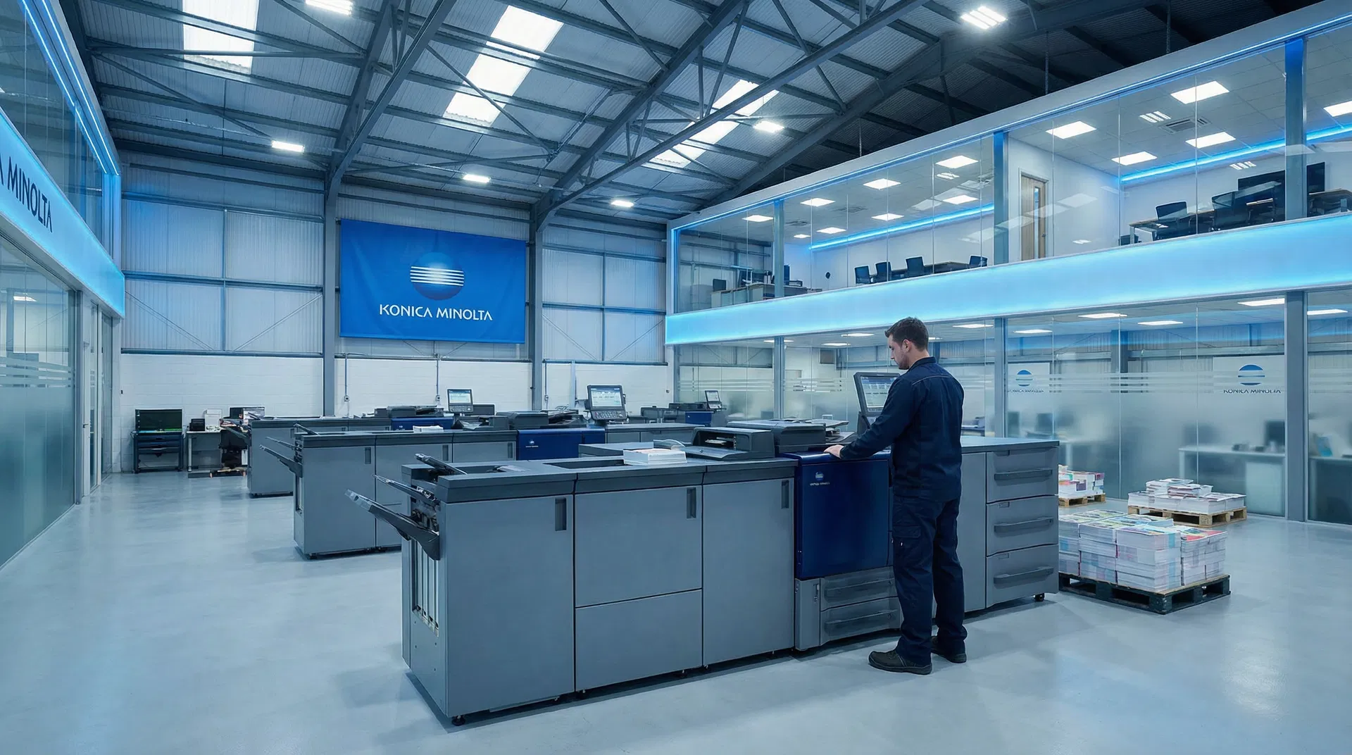 KM PrintShop web-to-print SaaS platform - modern commercial printing facility with automated workflow