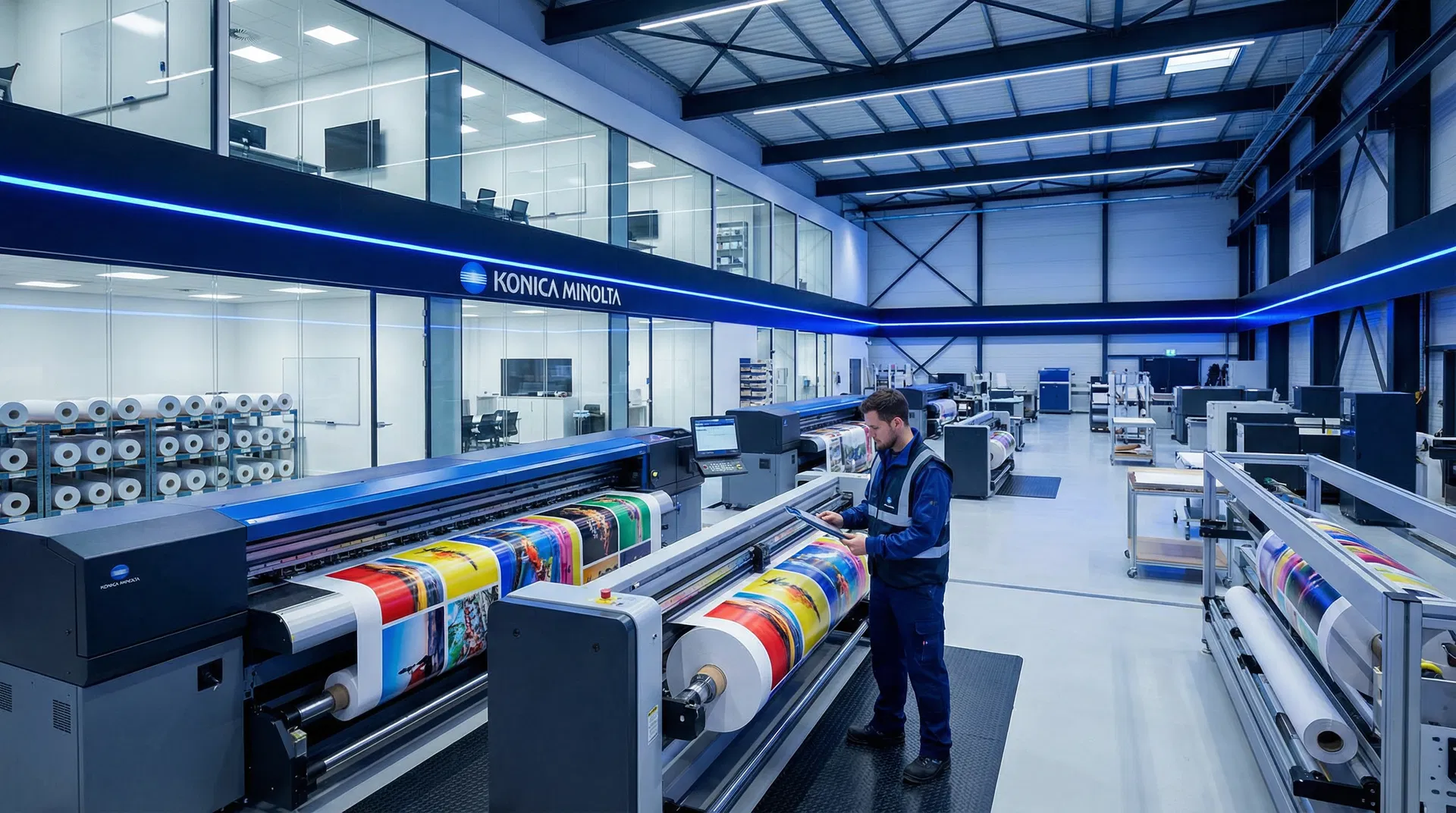 KM PrintShop web-to-print SaaS platform - modern commercial printing facility with automated workflow
