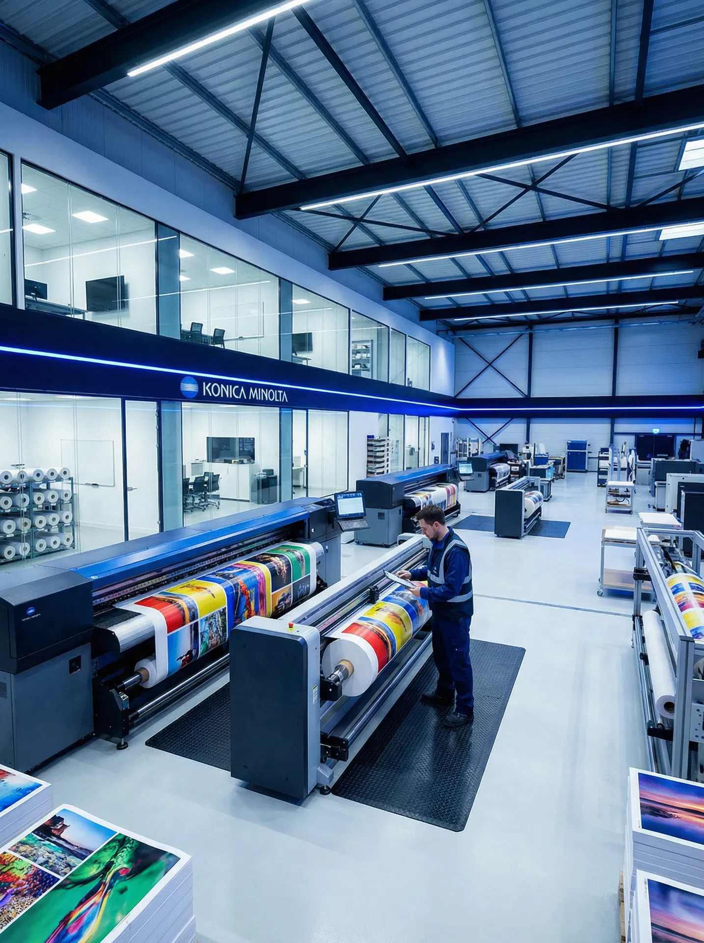 KM PrintShop web-to-print SaaS platform - modern commercial printing facility with automated workflow