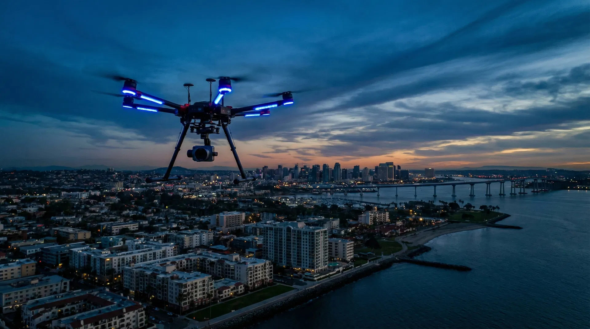 Aerial view from a commercial drone over San Diego, showing urban landscape from above