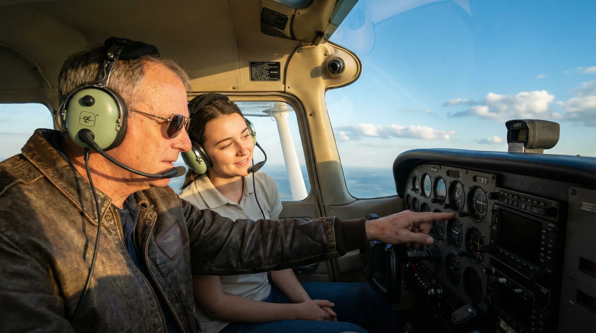 A student and instructor in the cockpit of a Cessna 172, conducting flight training over San Diego