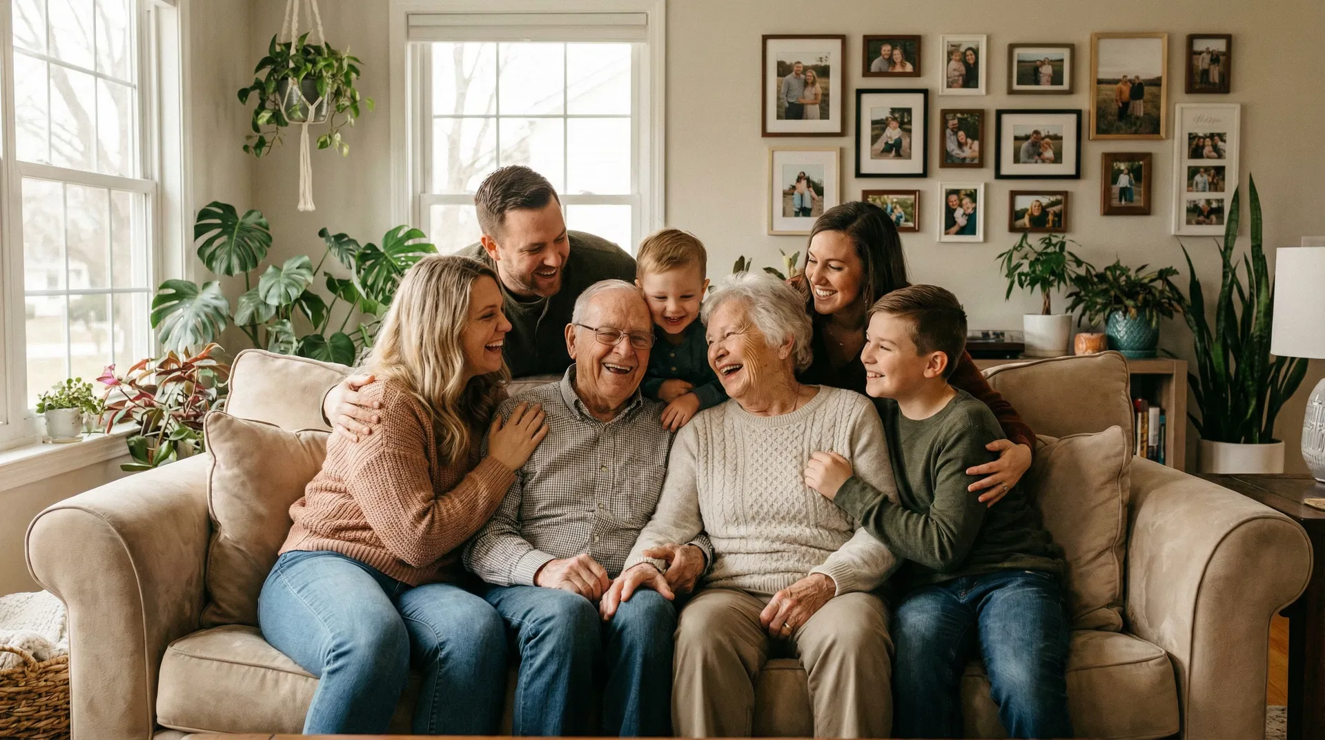 Happy multigenerational family gathered together, laughing and smiling