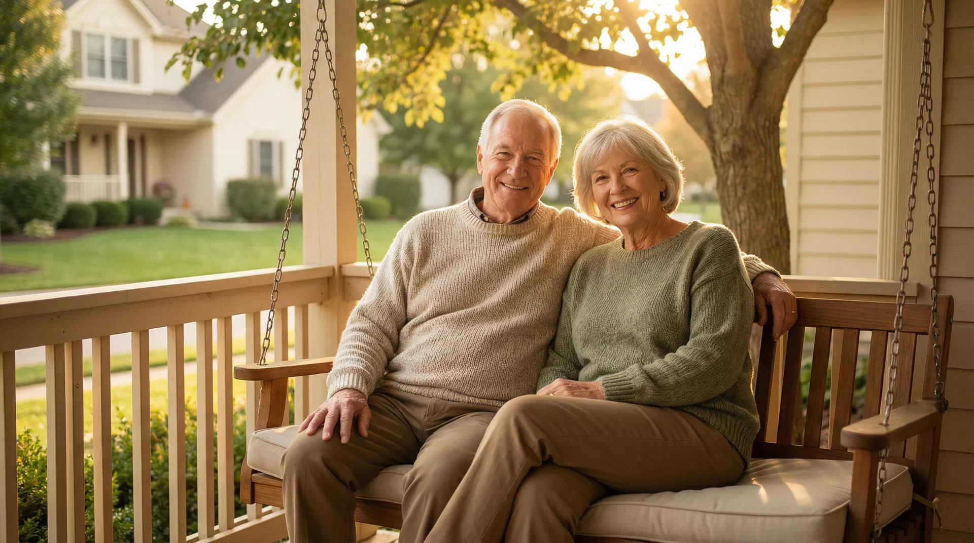 Happy senior couple sitting together on a porch swing