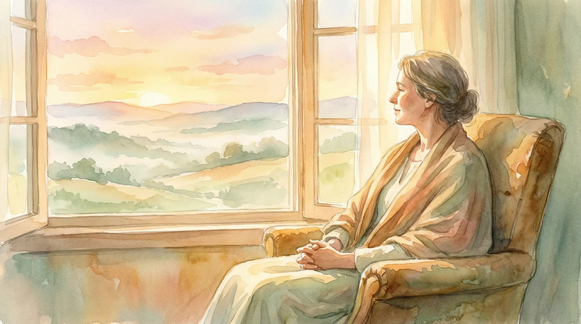 Mulher em paz, olhando para a paisagem