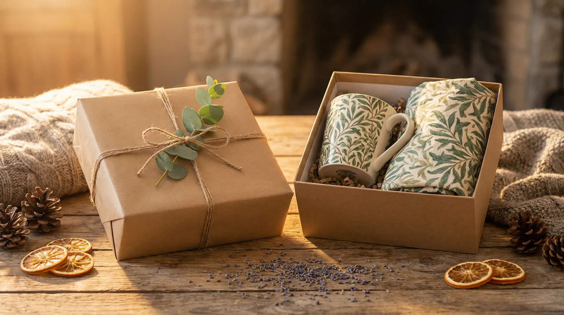 Beautiful gift packaging with mug and pillow