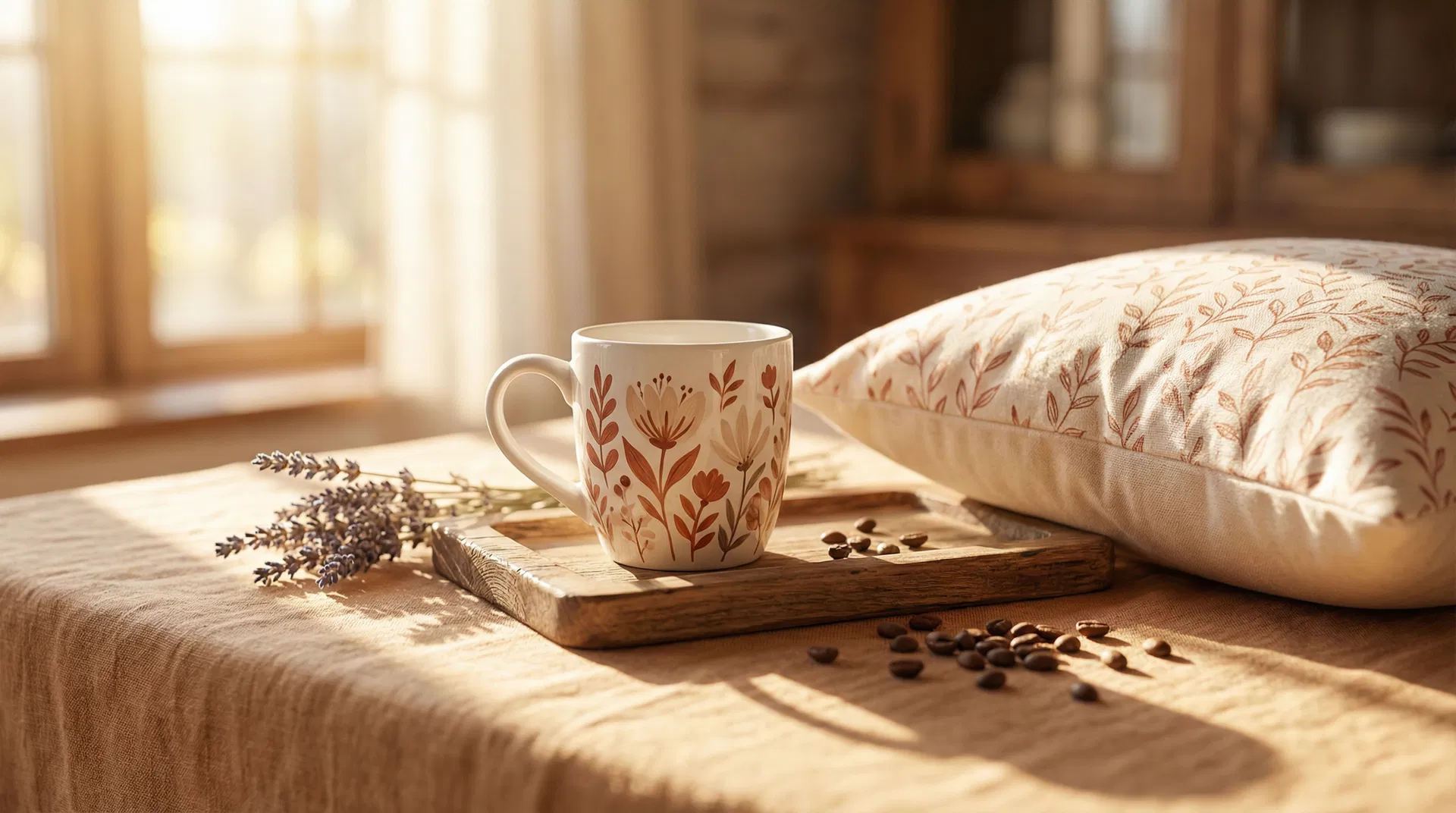 Cozy pillow and mug scene