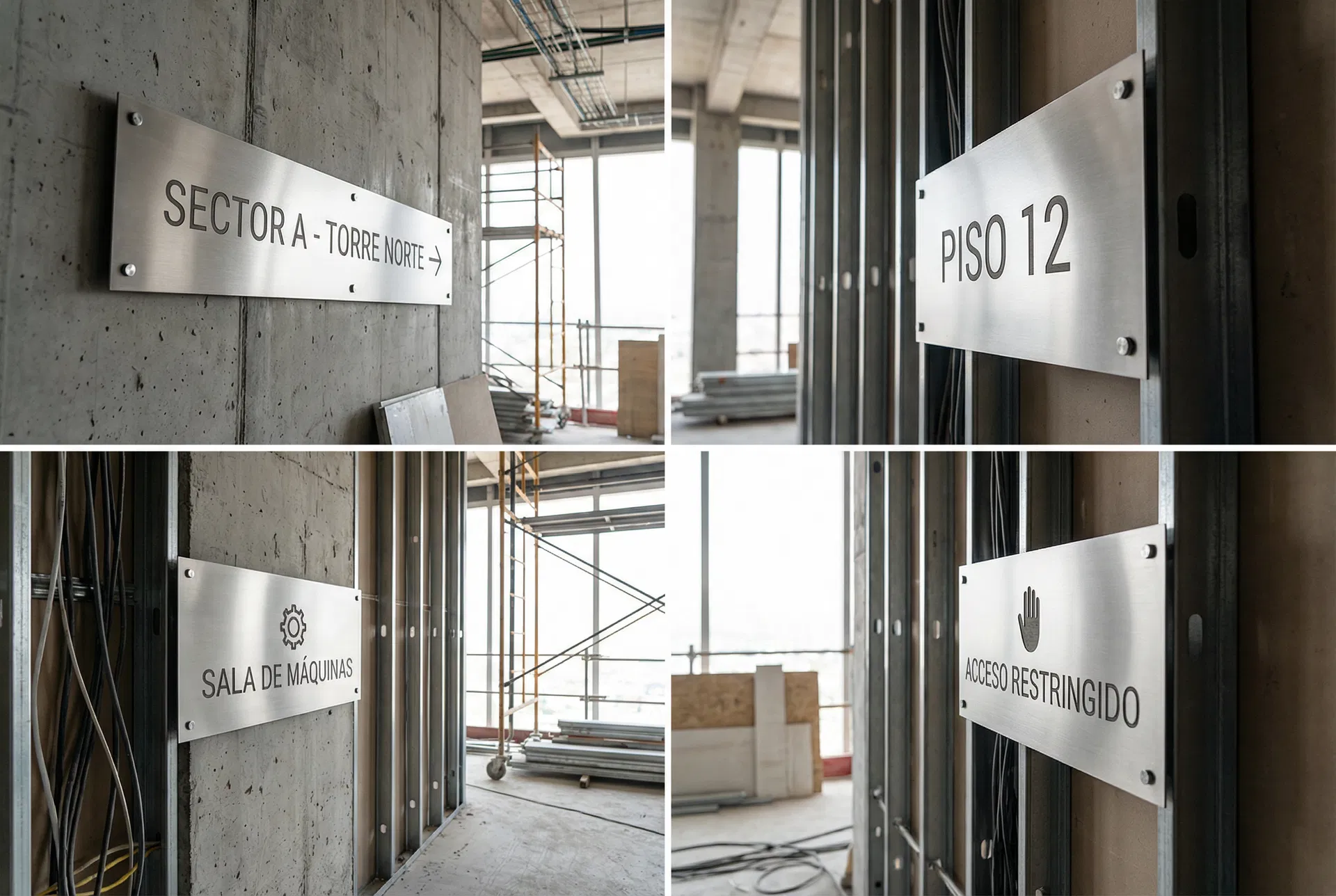 Señalética de sectores y pisos para obra de construcción: SECTOR A TORRE NORTE, PISO 12, SALA DE MÁQUINAS