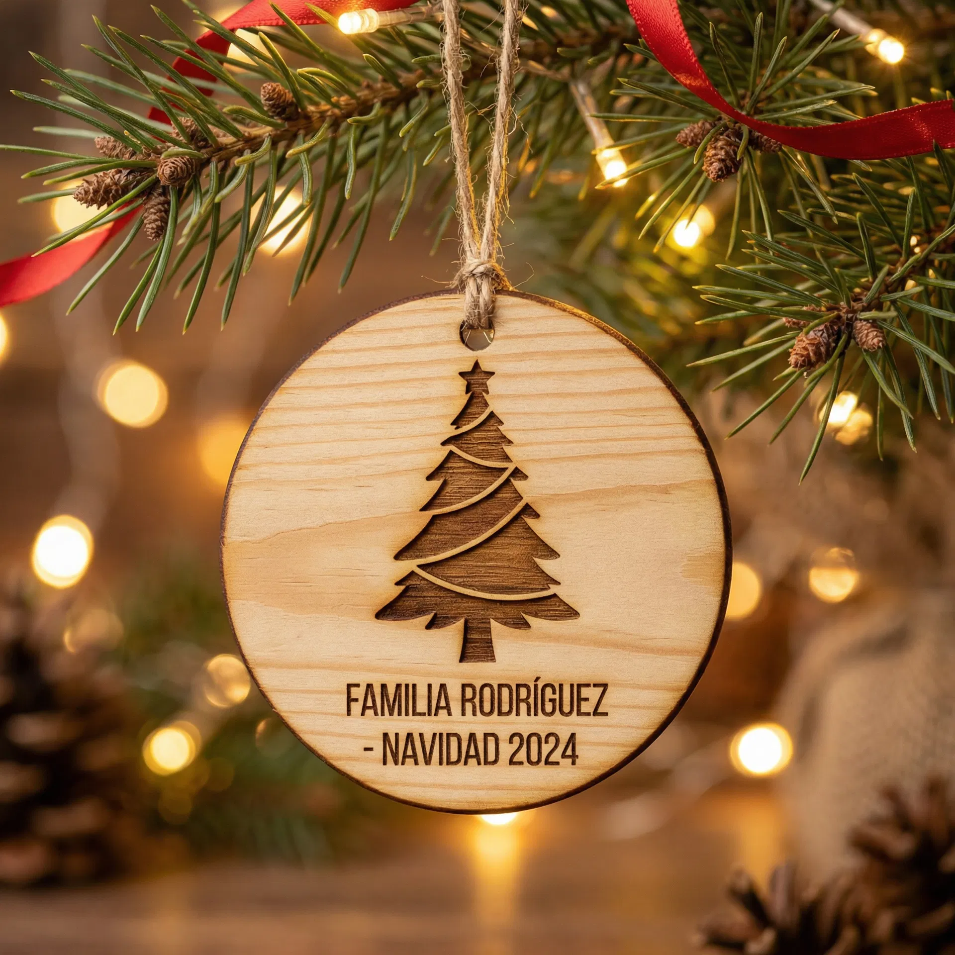 Adorno navideño en madera de pino con grabado personalizado de árbol y nombre familiar