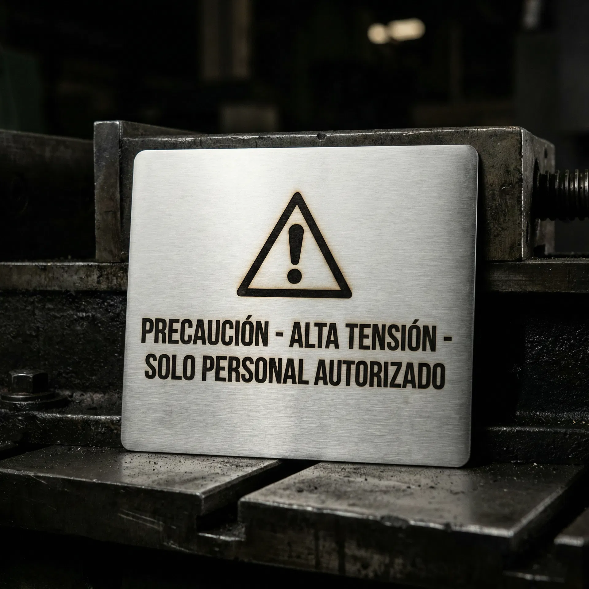 Etiqueta de seguridad en acero inoxidable 316 con advertencia grabada