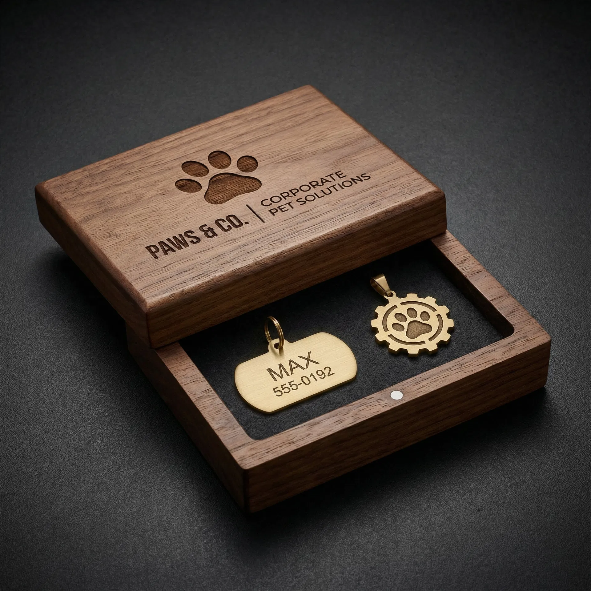 Kit mascota corporativa con placa de identificación y colgante en caja de madera