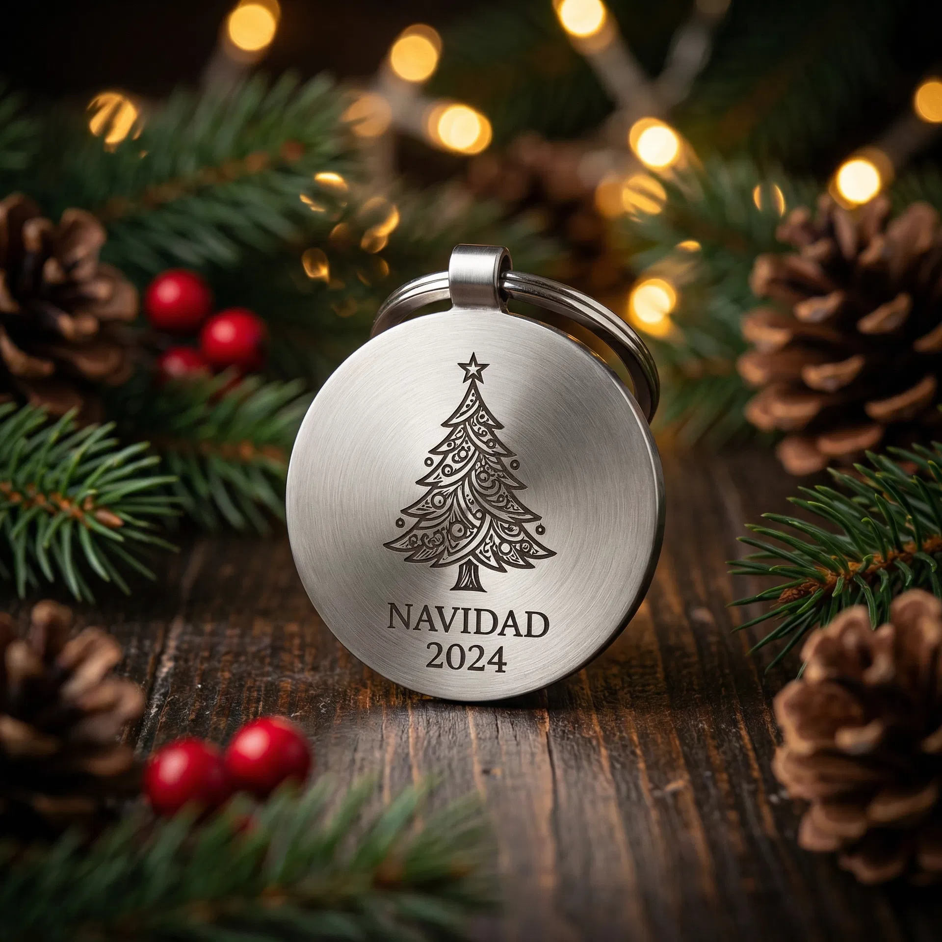 Llavero temático de edición limitada en acero inox con árbol de Navidad grabado